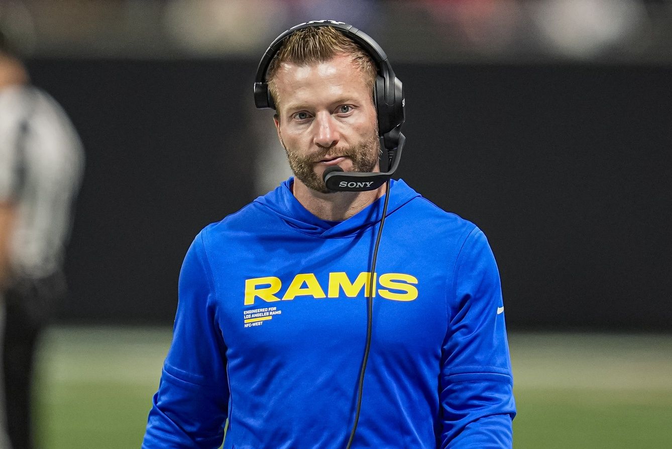 Los Angeles Rams head coach Sean McVay reacts on the sidelines during the game against the Atlanta Falcons at Mercedes-Benz Stadium.