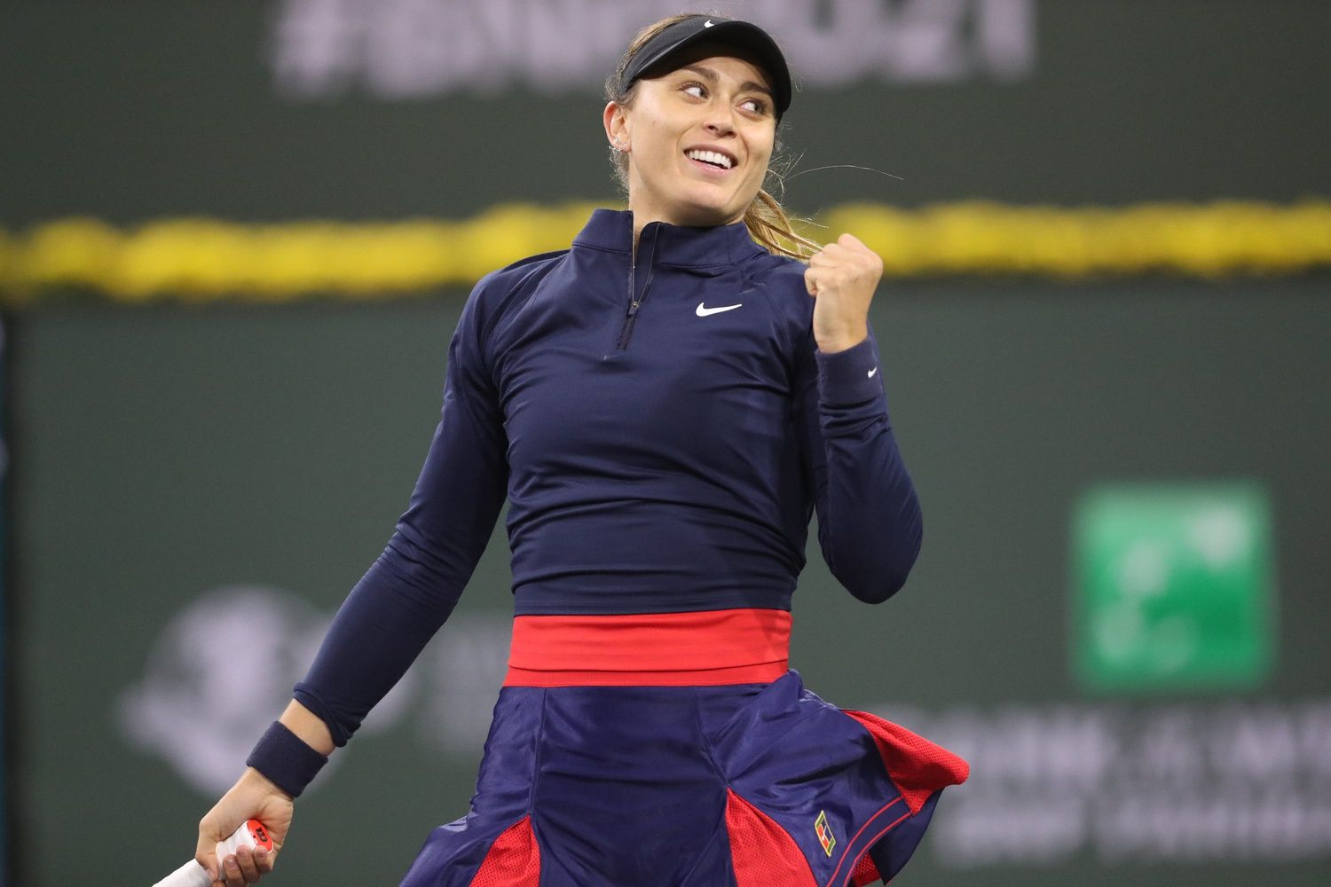 Paula Badosa of Spain reacts to her win against American Coco Gauff on Stadium One during the BNP Paribas Open in Indian Wells, Calif., on October 11, 2021.

Badosa Vs Gauff Bnp Paribas2100