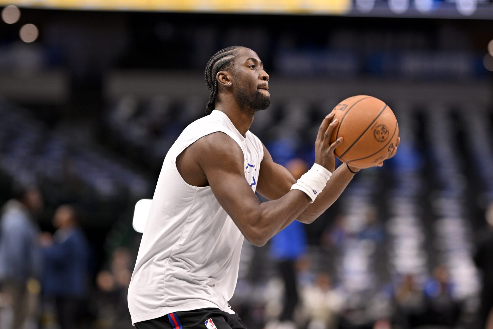 Detroit Pistons guard Caris Levert (8) warms up before the game between the Dallas Mavericks and the Detroit Pistons at the American Airlines Center.