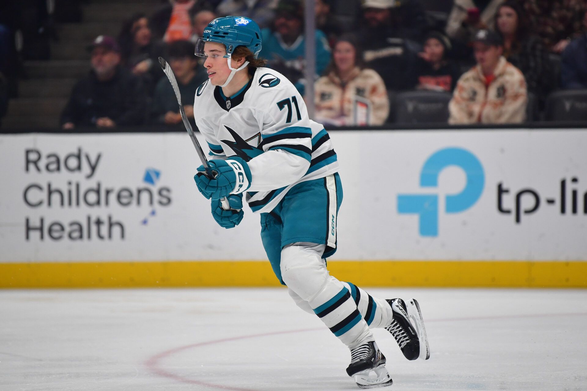San Jose Sharks center Macklin Celebrini (71) in action against the Anaheim Ducks during the first period at Honda Center.