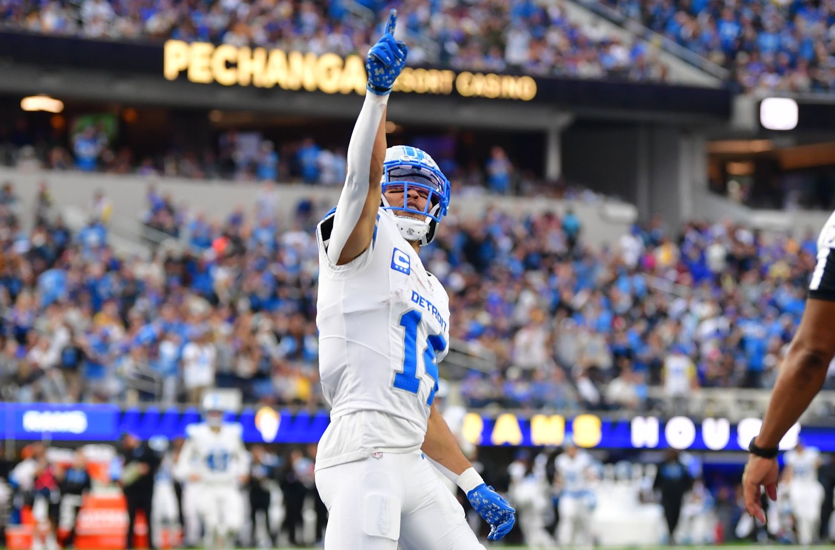 Detroit Lions wide receiver Amon-Ra St. Brown (14) celebrates after a touchdown during the second quarter against the Los Angeles Rams at SoFi Stadium.