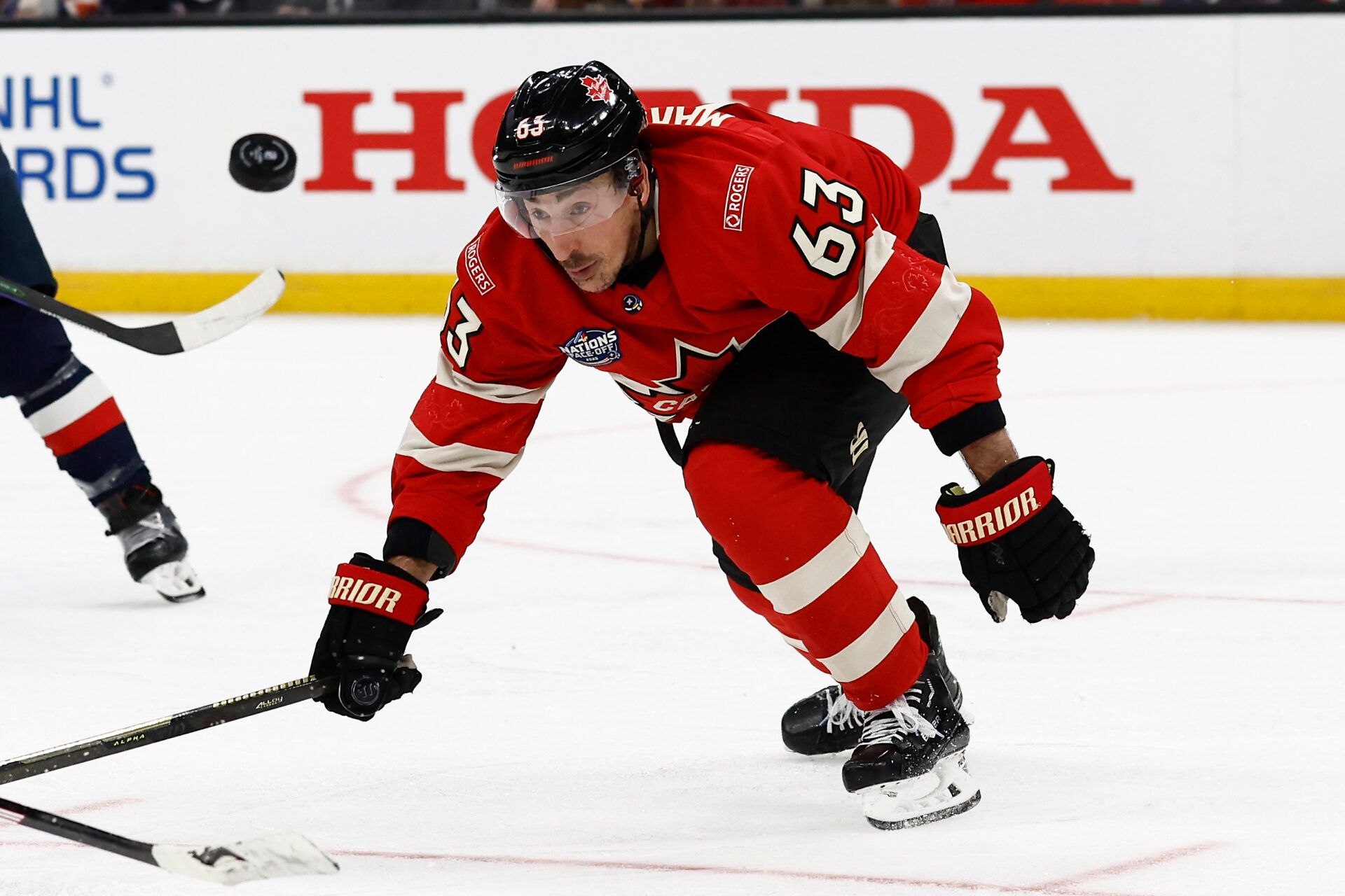 [Imagn Images direct customers only] Team Canada forward Brad Marchand (63) during the 4 Nations Face-Off ice hockey championship game against the United States at TD Garden.