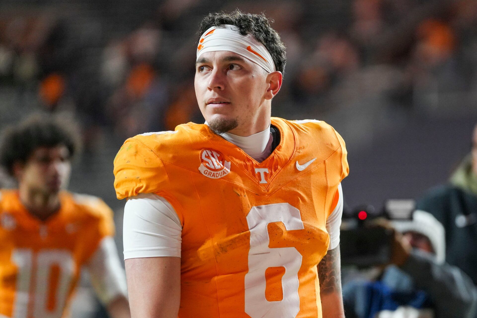 Tennessee quarterback Joey Aguilar (6) looks around the stadium after losing a NCAA football game between Tennessee and Vanderbilt at Neyland Stadium in Knoxville, Tenn., on Nov. 29, 2025.