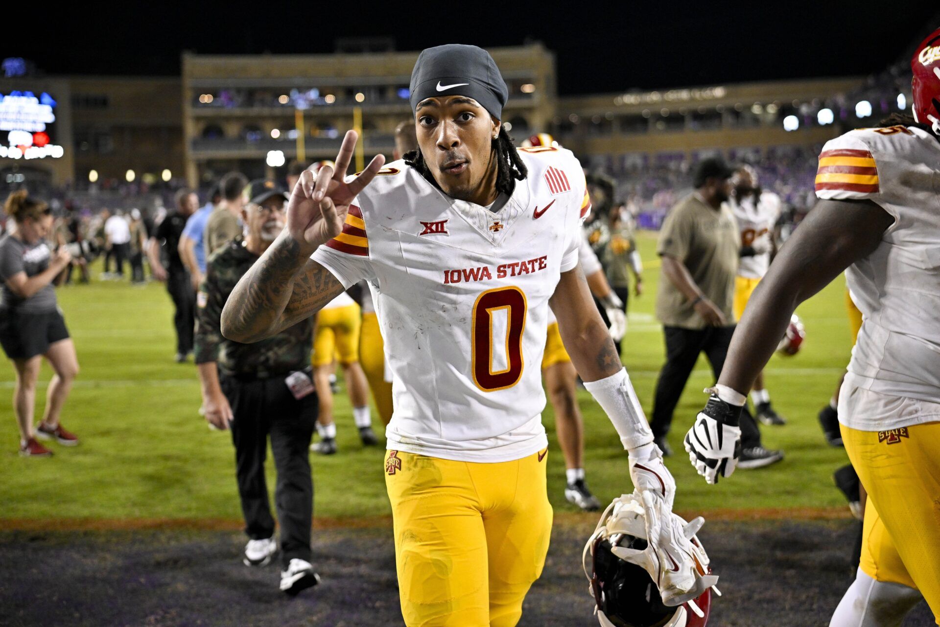 Iowa State Cyclones wide receiver Chase Sowell (0) walks off the field after the Cyclones defeat the TCU Horned Frogs at Amon G. Carter Stadium.