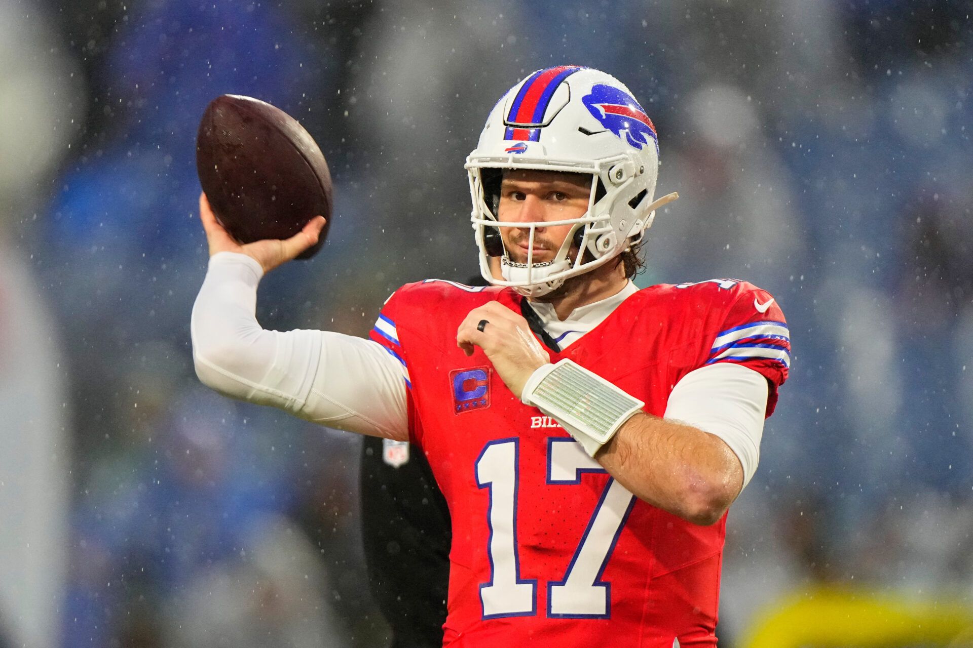 Buffalo Bills quarterback Josh Allen (17) warms up before the game against the Philadelphia Eagles at Highmark Stadium.