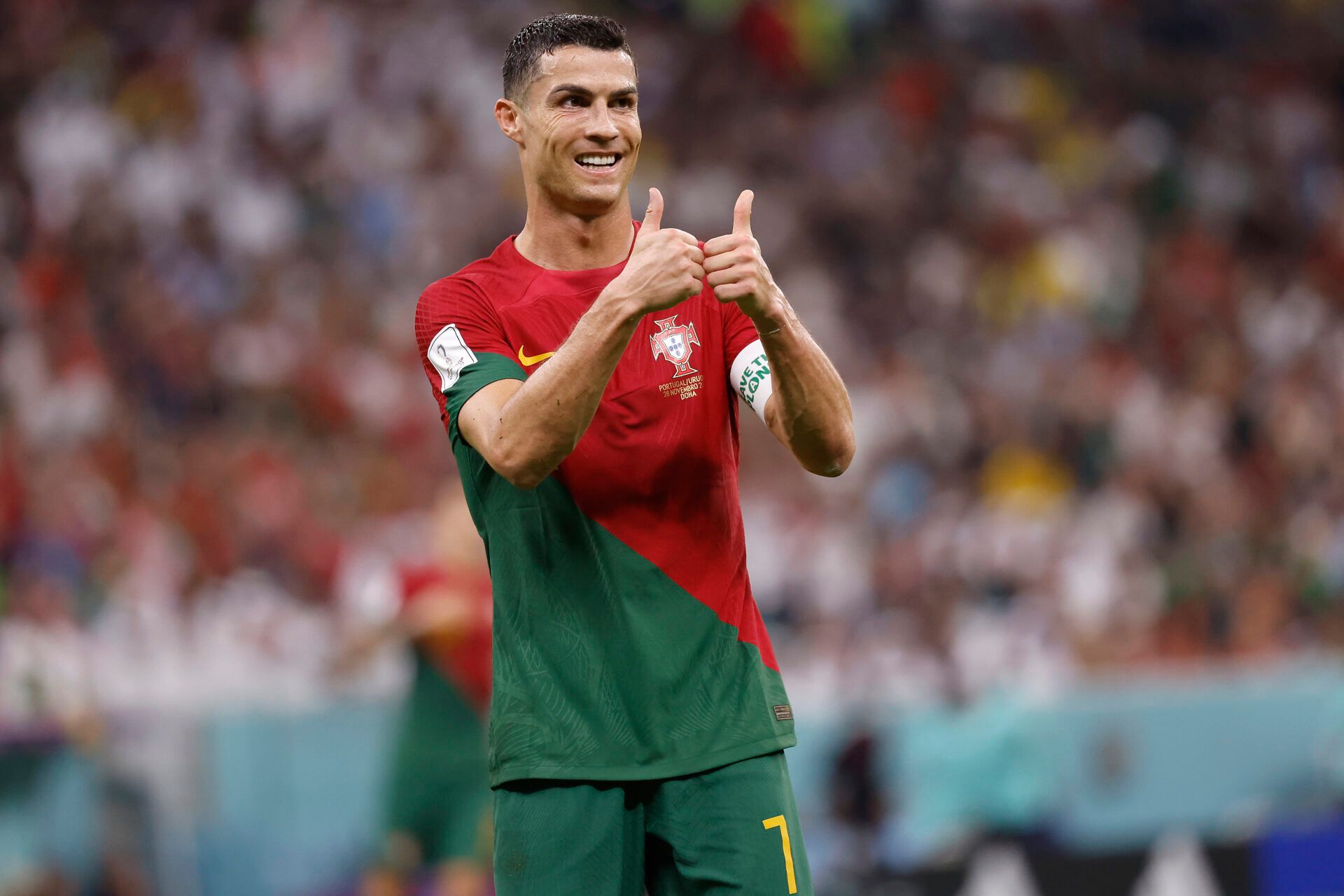 Portugal forward Cristiano Ronaldo (7) reacts during the second half of the group stage match in the 2022 World Cup at Lusail Stadium.