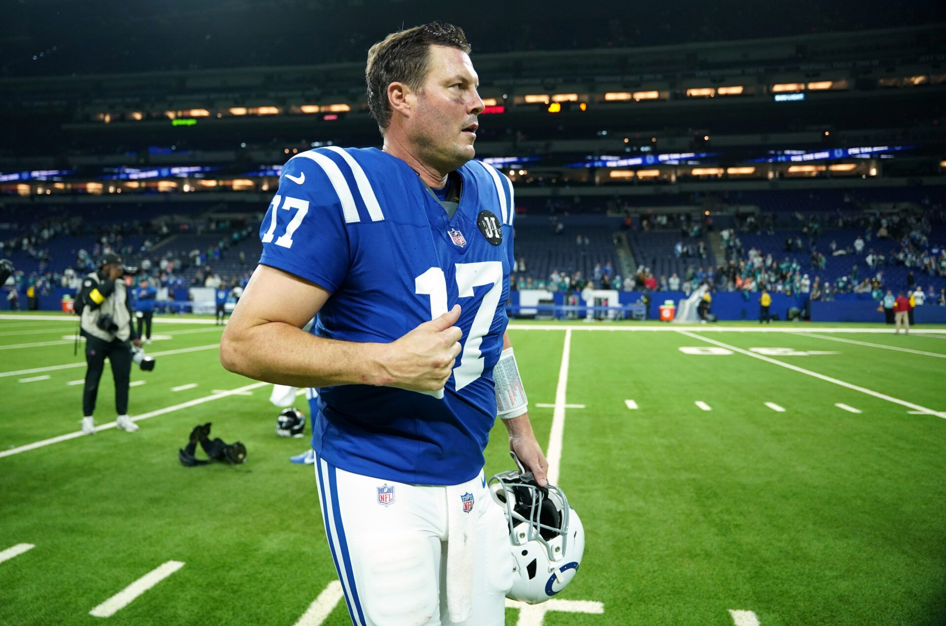 Indianapolis Colts quarterback Philip Rivers (17) reacts after a game against the Jacksonville Jaguars at Lucas Oil Stadium.