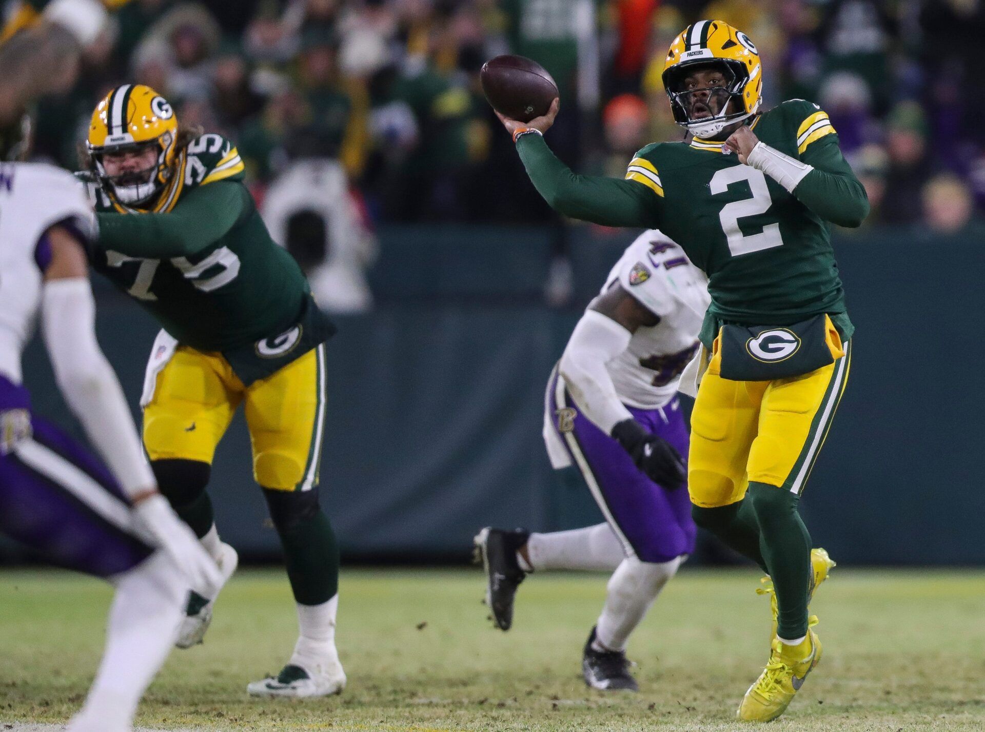 Green Bay Packers quarterback Malik Willis (2) passes the ball against the Baltimore Ravens on Saturday, December 27, 2025, at Lambeau Field in Green Bay, Wis. The Ravens won the game, 41-24.
Tork Mason/USA TODAY NETWORK-Wisconsin