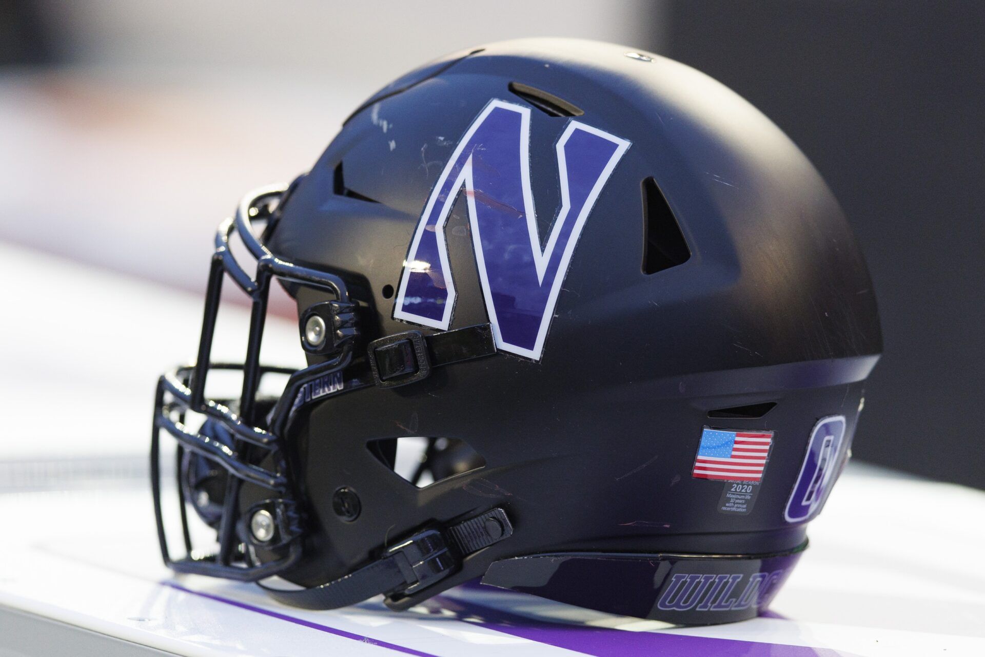 General view of a Northwestern Wildcats helmet on the sidelines during the game against the Wisconsin Badgers at Camp Randall Stadium.