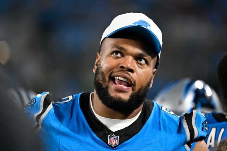 Carolina Panthers guard Robert Hunt (50) on the sidelines in the fourth quarter at Bank of America Stadium.