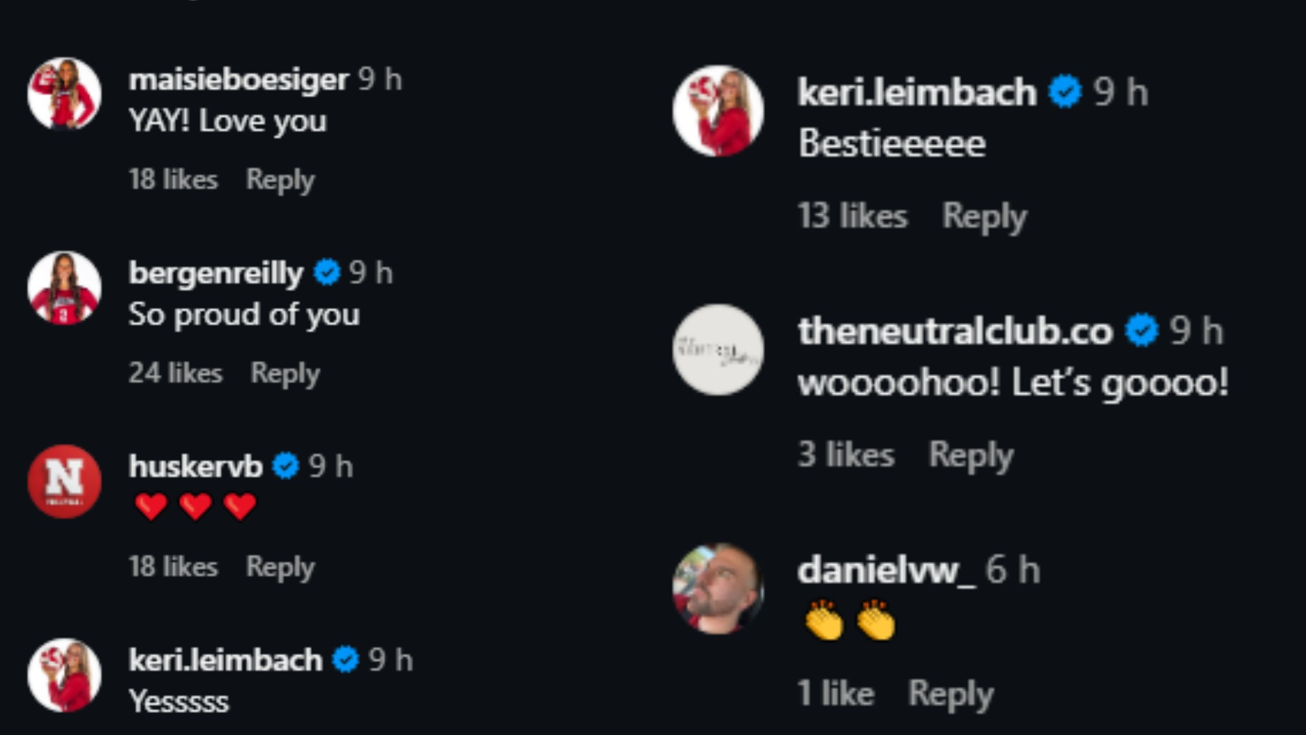 Nebraska Volleyball team congratulating Kenna Cogill