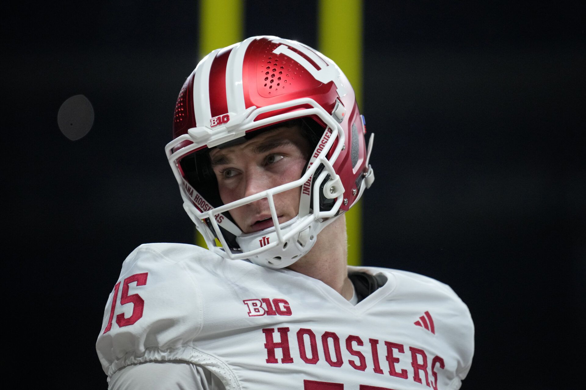 Indiana Hoosiers quarterback Fernando Mendoza (15) looks on before the 2025 Big Ten championship game against the Ohio State Buckeyes at Lucas Oil Stadium.