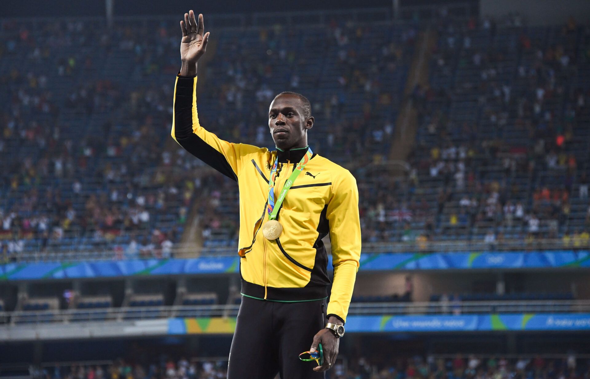 Usain Bolt (JAM) wins gold in the men's 200m during track and field competition in the Rio 2016 Summer Olympic Games at Estadio Olimpico Joao Havelange.
