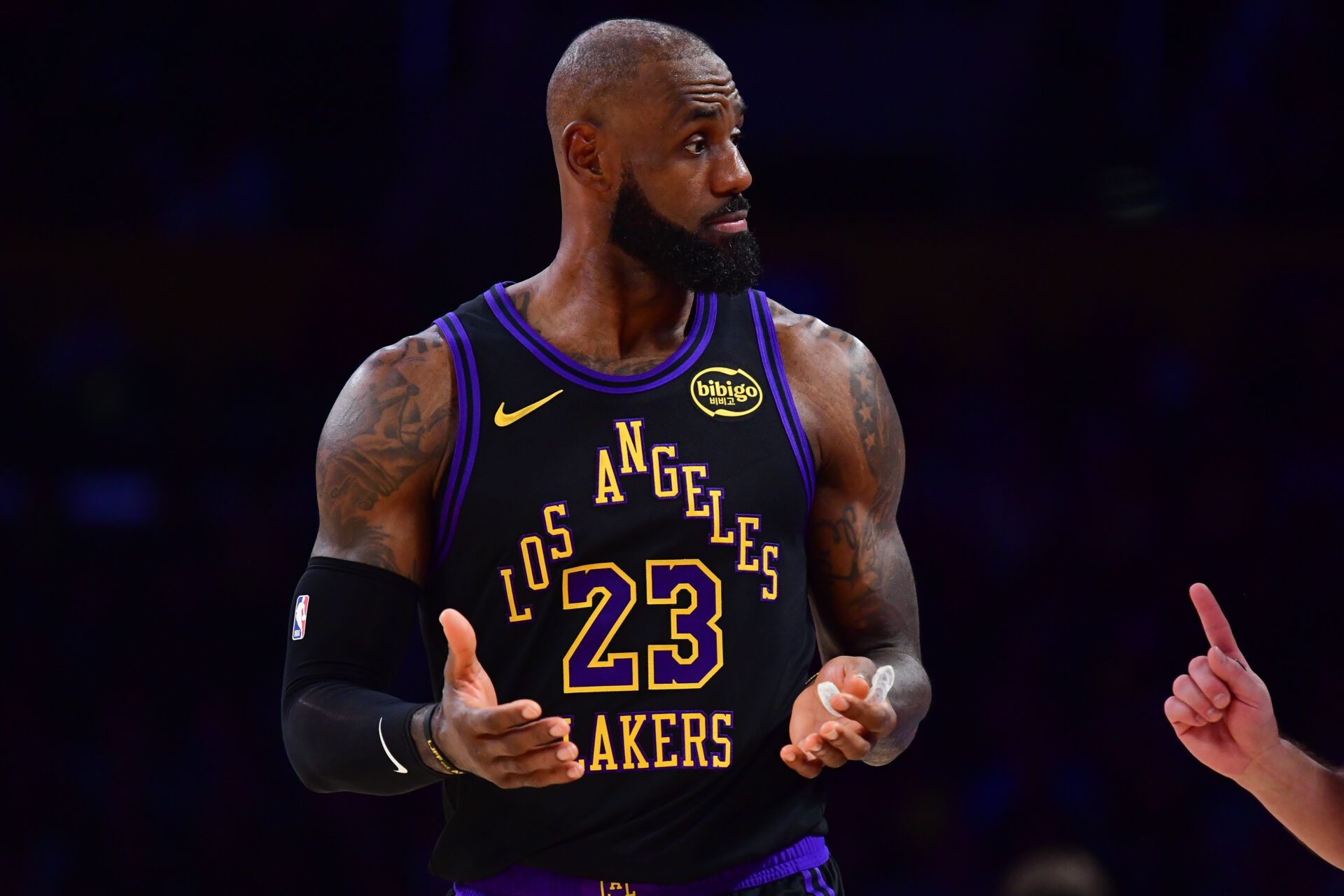 Los Angeles Lakers forward LeBron James (23) reacts during the second half at Crypto.com Arena.