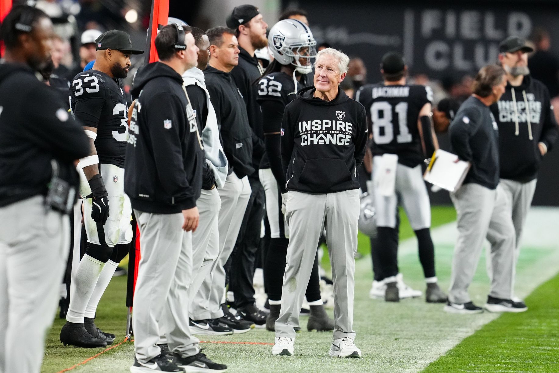 Las Vegas Raiders head coach Pete Carroll reacts in the fourth quarter against the New York Giants at Allegiant Stadium.
