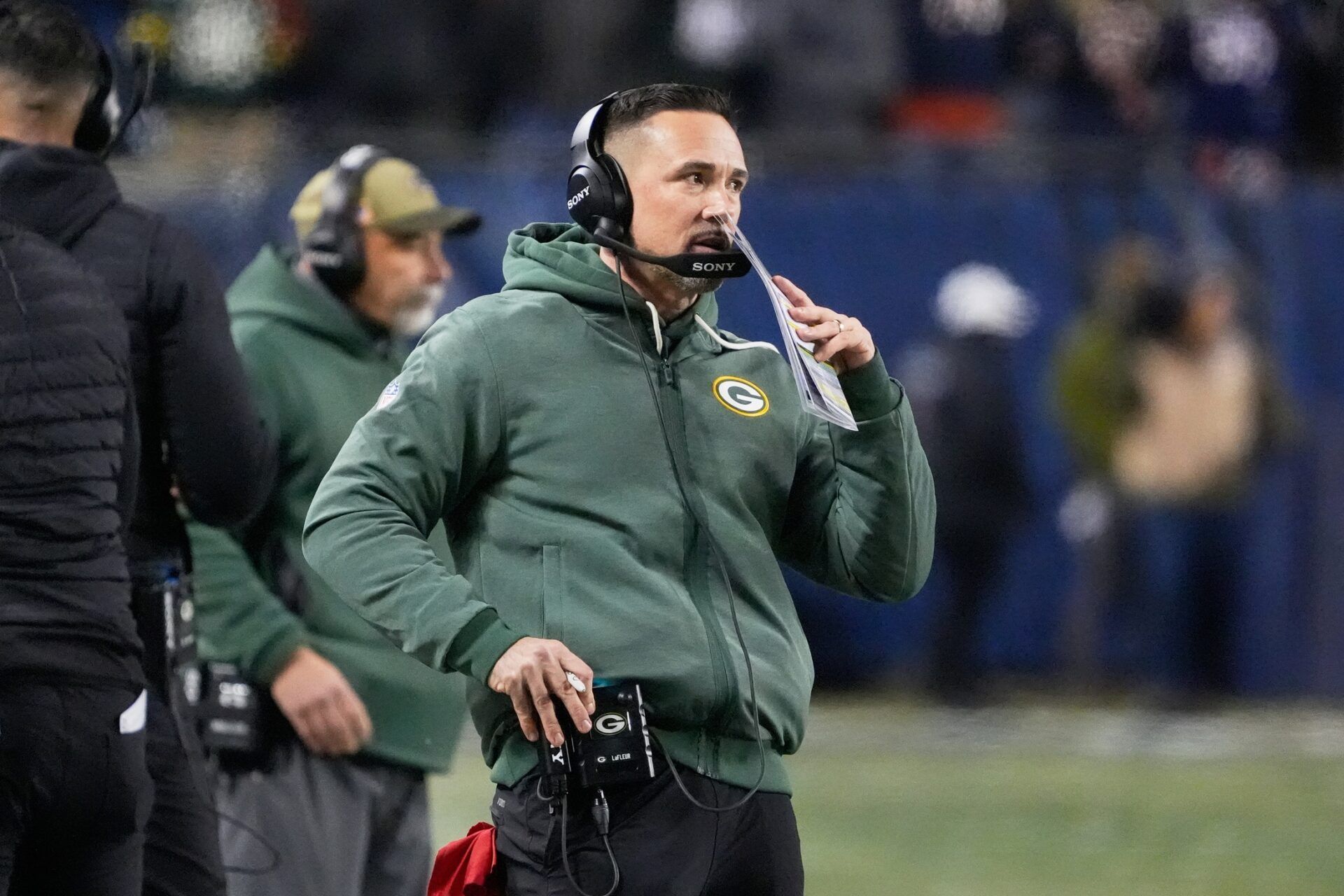 Green Bay Packers head coach Matt LaFleur watches game play against the Chicago Bears during the first quarter at Soldier Field.