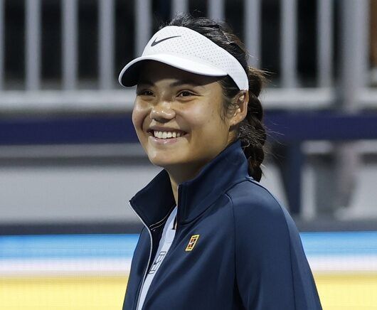 Emma Raducanu (GBR) smiles during an on court interview after her match against McCartney Kessler (USA)(not pictured) on day six of the Miami Open at Hard Rock Stadium.