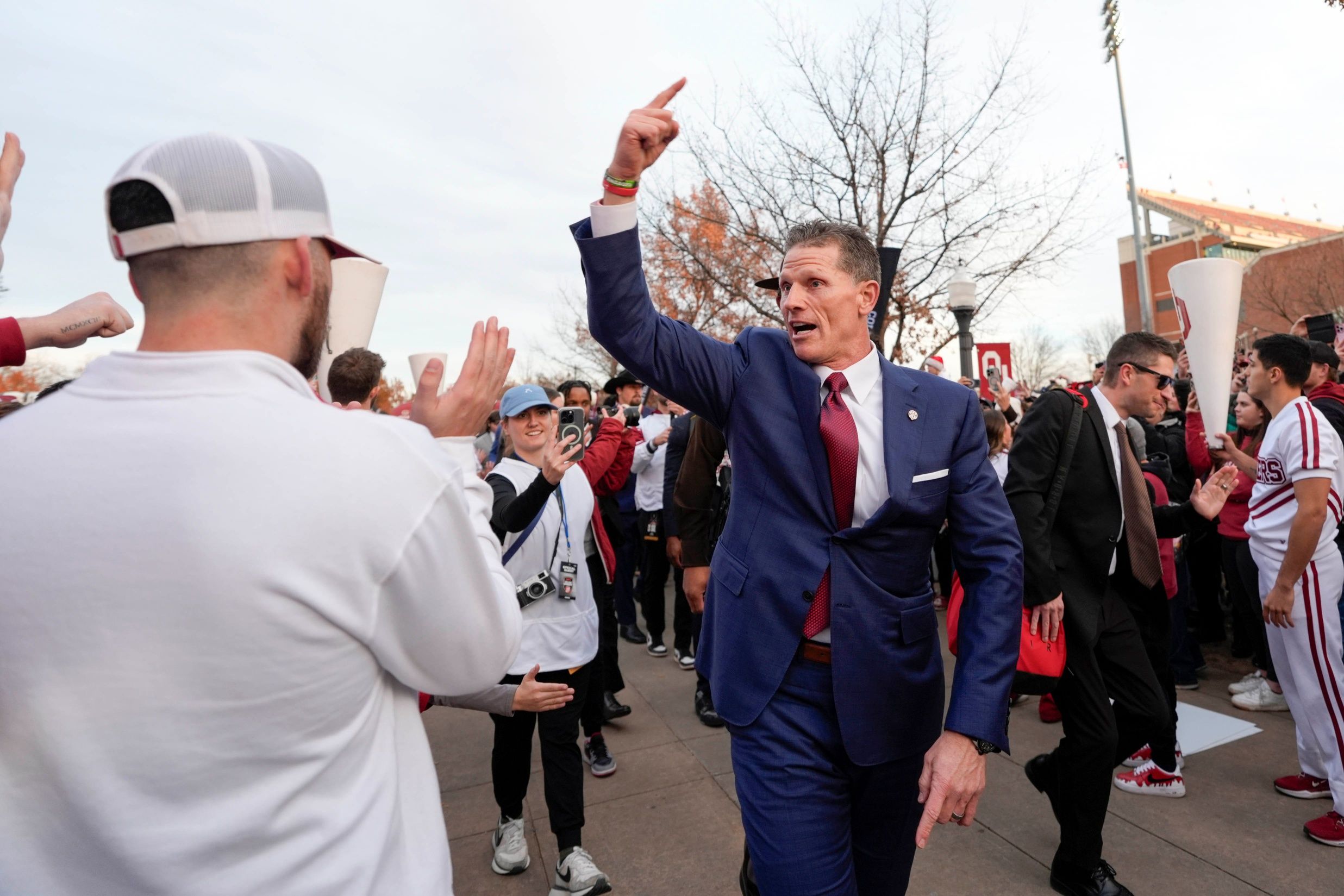 Oklahoma coach Brent Venables arrives before a first-round College Football Playoff game between the University of Oklahoma Sooners (OU) and the Alabama Crimson Tide at Gaylord Family – Oklahoma Memorial Stadium in Norman, Okla., Friday, Dec. 19, 2025.