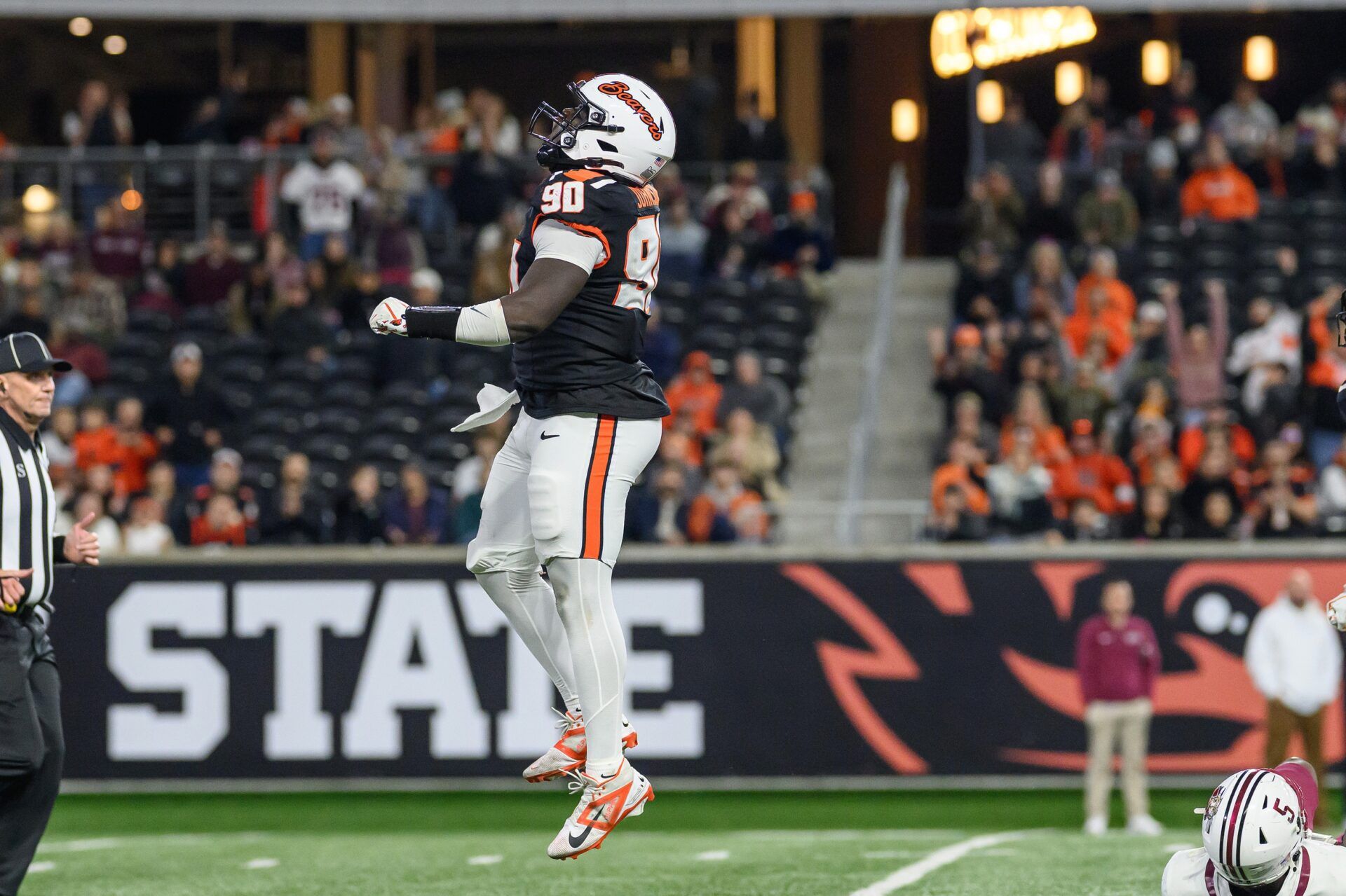Oregon State Beavers defensive lineman Jojo Johnson (90) celebrates a tackle for loss against the Lafayette Leopards during the fourth quarter at Reser Stadium.