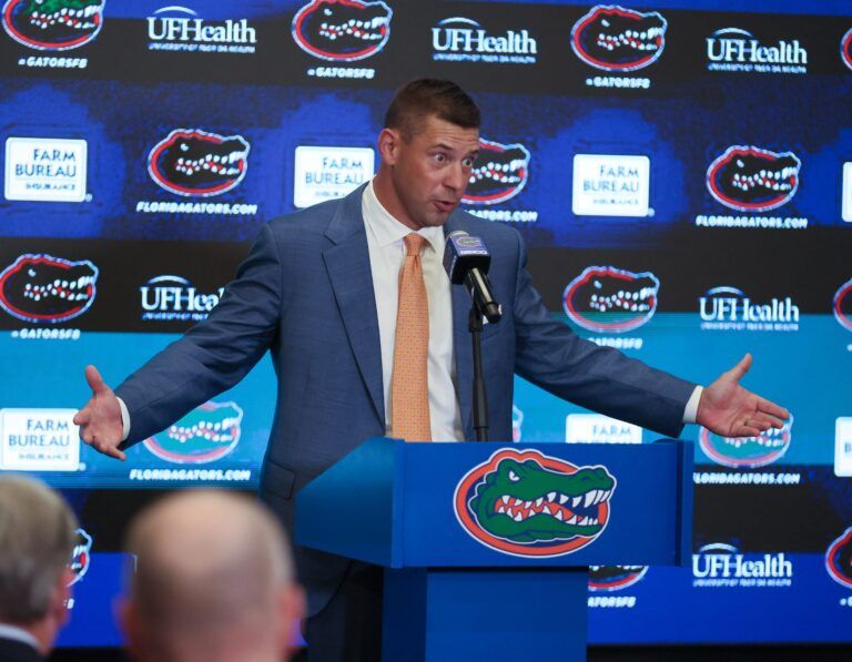 New UF head football coach Jon Sumrall speaks during a press conference at the James W. “Bill” Heavener Football Training Center in Gainesville, FL on Monday, December 1, 2025. [Alan Youngblood/Gainesville Sun]