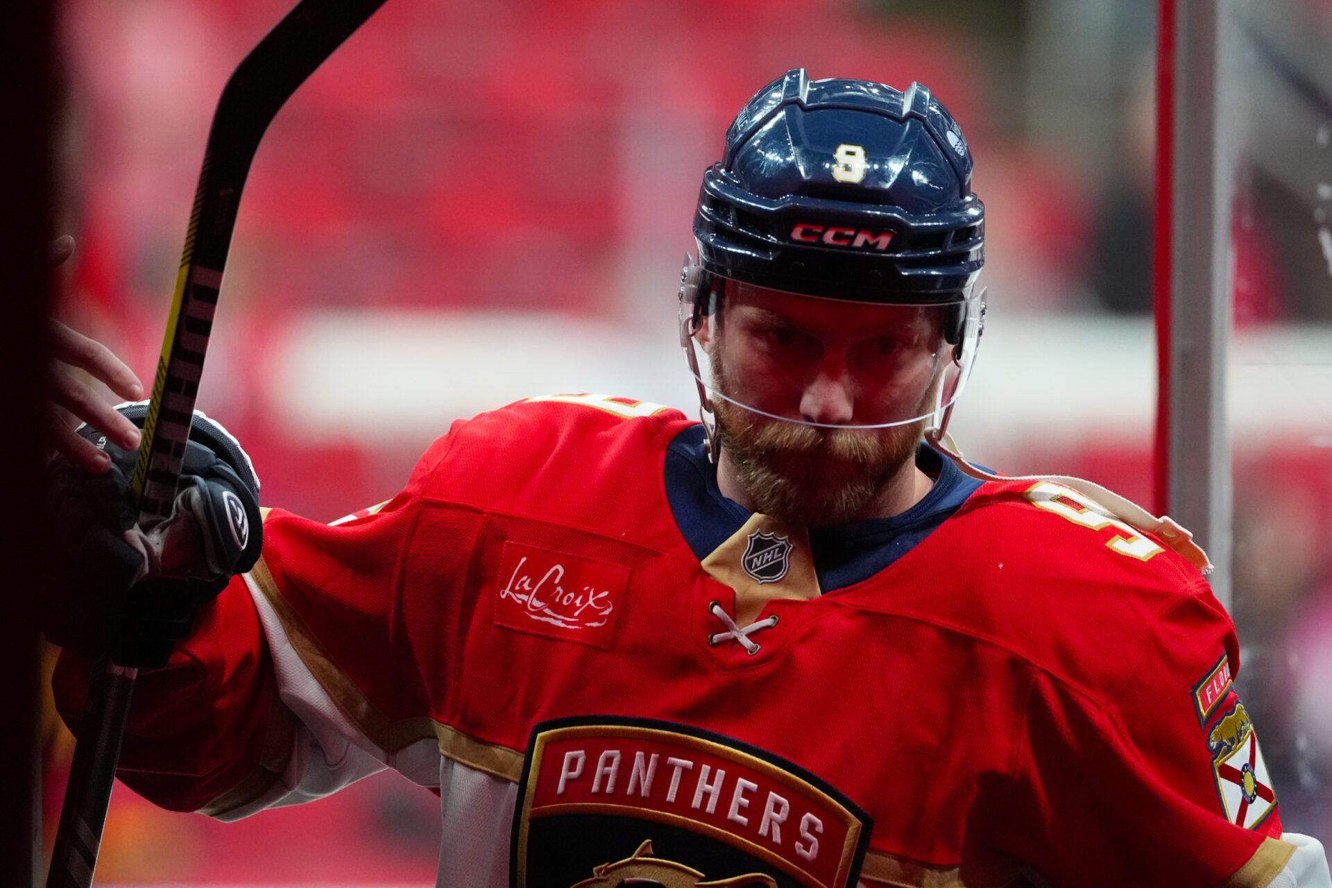 Florida Panthers center Sam Bennett (9) comes off the ice after the warmups before the game against the Carolina Hurricanes at Lenovo Center.