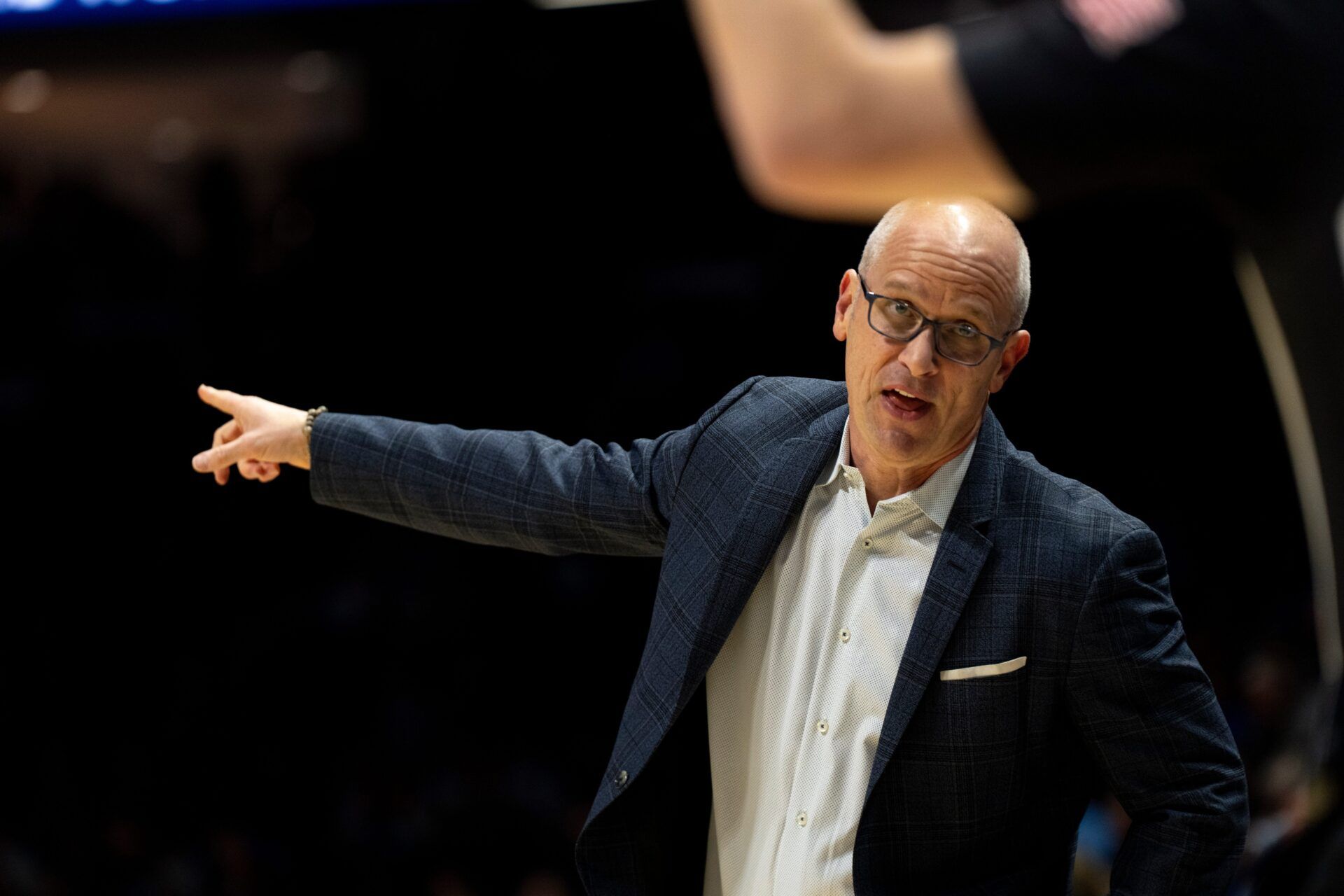 UConn Huskies head coach Dan Hurley coaches in the first half of the NCAA basketball game against the Xavier Musketeers at the Cintas Center in Cincinnati on Dec. 31, 2025.
