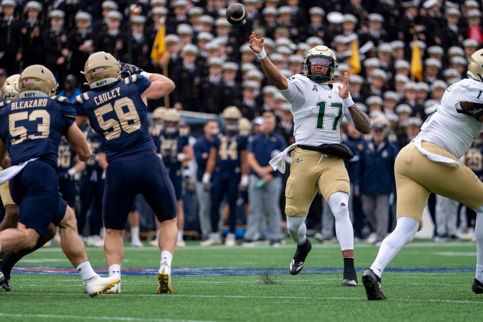 South Florida Bulls quarterback Byrum Brown (17) throws from the pocket during the first half against the Navy Midshipmen at Navy-Marine Corps Memorial Stadium.