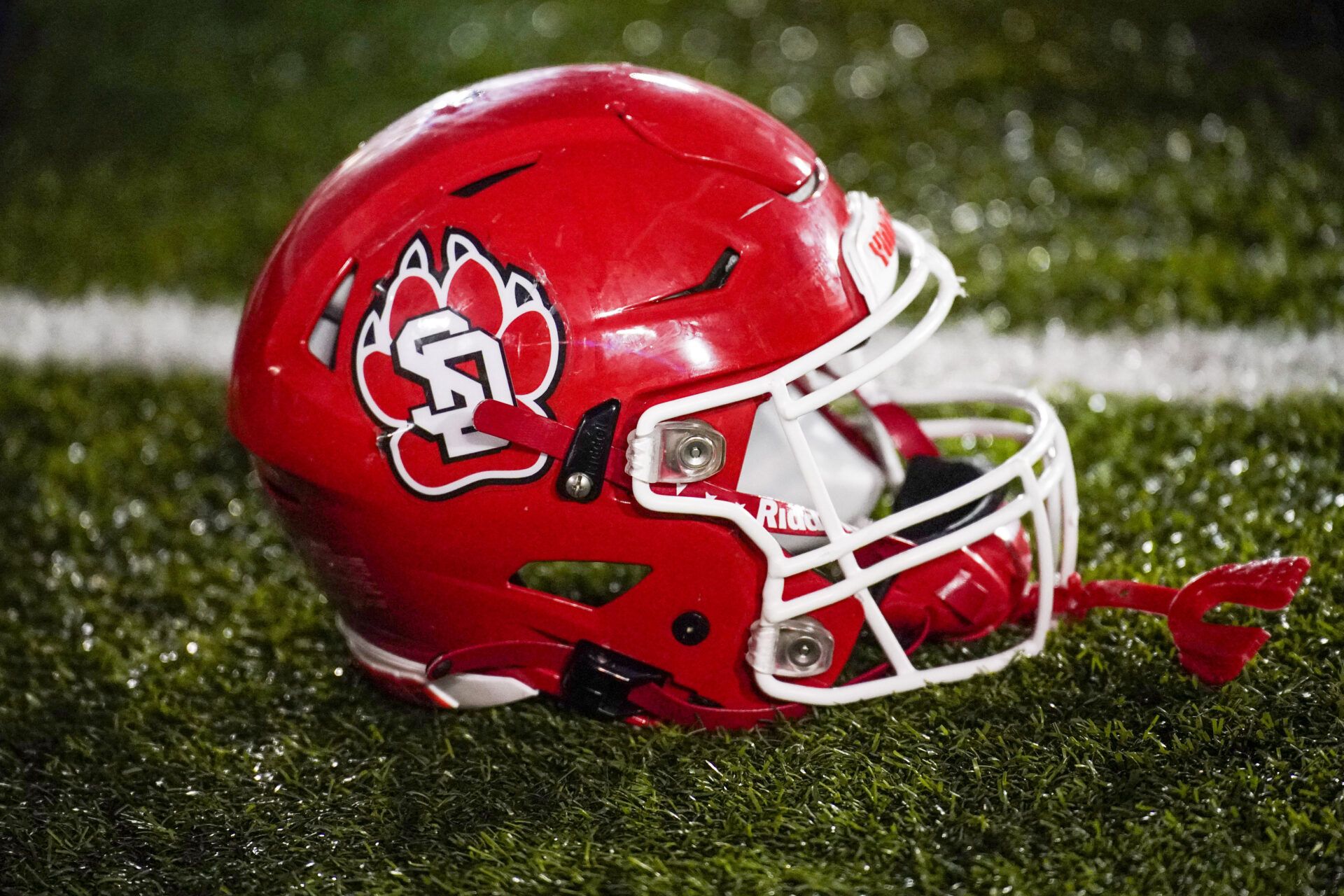 A general view of a South Dakota Coyotes helmet against the Missouri Tigers during the second half at Faurot Field at Memorial Stadium.