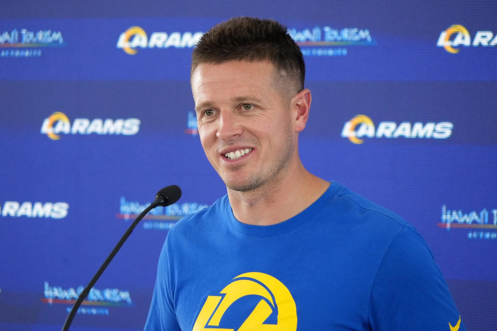 Los Angeles Rams offensive coordinator Mike LaFleur at press conference during organized team activities at Rams Practice Facility.