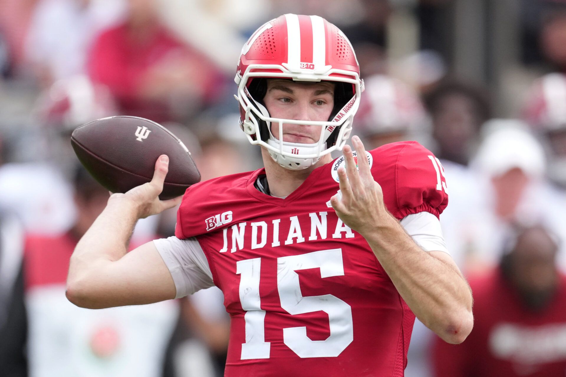 Indiana Hoosiers quarterback Fernando Mendoza (15) passes against the Alabama Crimson Tide in the first half of the 2026 Rose Bowl and quarterfinal game of the College Football Playoff at Rose Bowl Stadium.