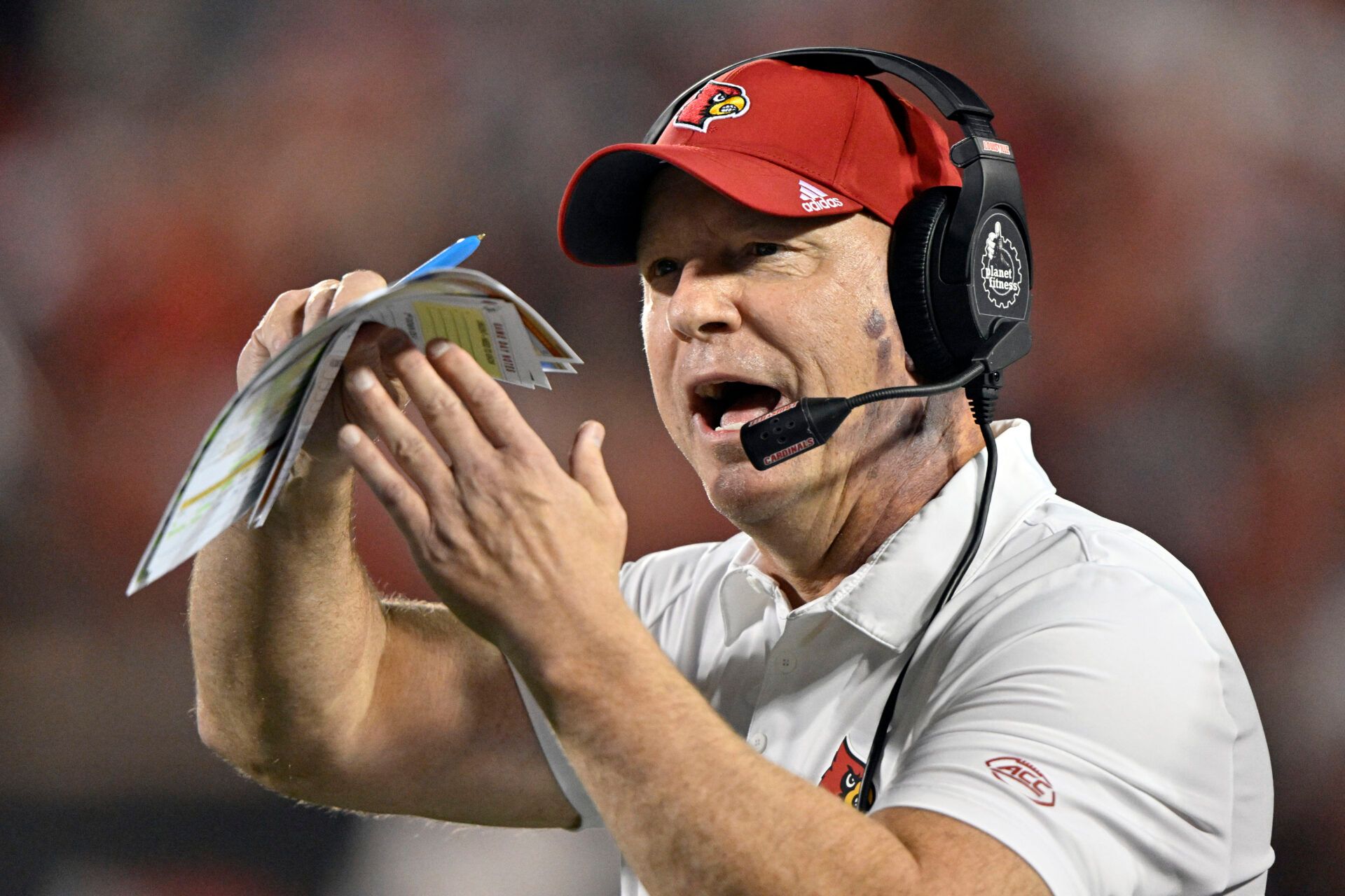 Louisville Cardinals head coach Jeff Brohm calls a timeout during the second half against the James Madison Dukes at L&N Federal Credit Union Stadium. Louisville defeated James Madison 28-14.