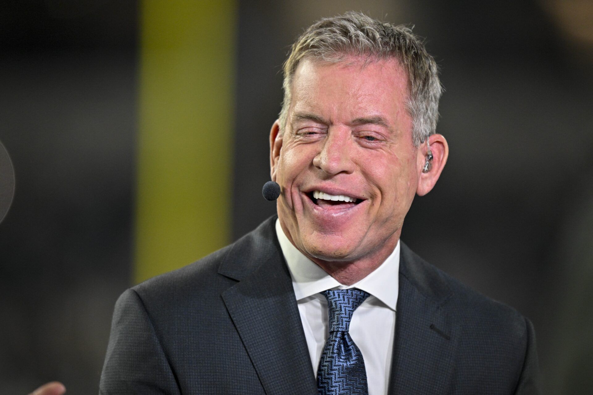 Monday Night Football commentator Troy Aikman before the game between the Dallas Cowboys and the Arizona Cardinals at AT&T Stadium.