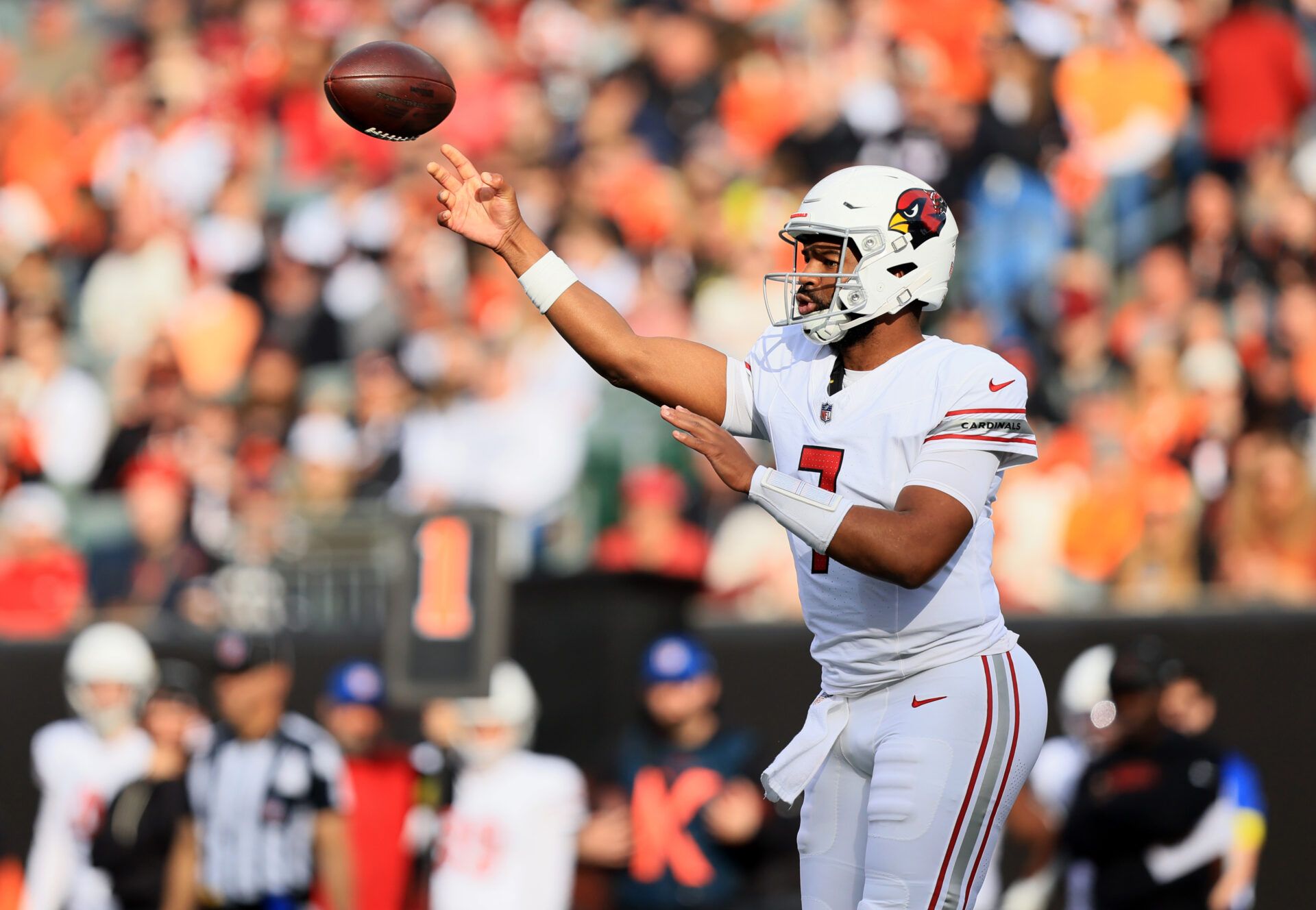 Arizona Cardinals quarterback Jacoby Brissett (7) throws during the first half against the Cincinnati Bengals at Paycor Stadium.
