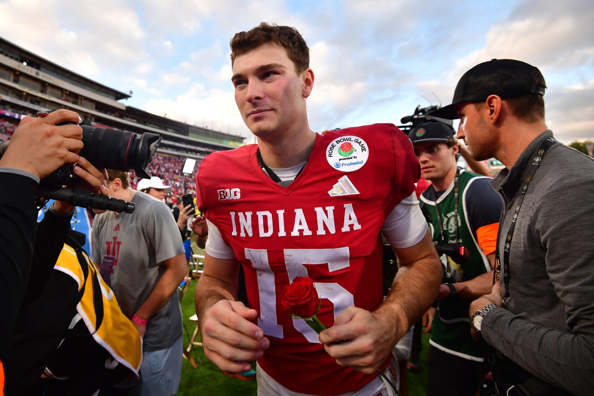 Indiana Hoosiers quarterback Fernando Mendoza (15) leaves the field after defeating the Alabama Crimson Tide in the 2026 Rose Bowl and quarterfinal game of the College Football Playoff at Rose Bowl Stadium.