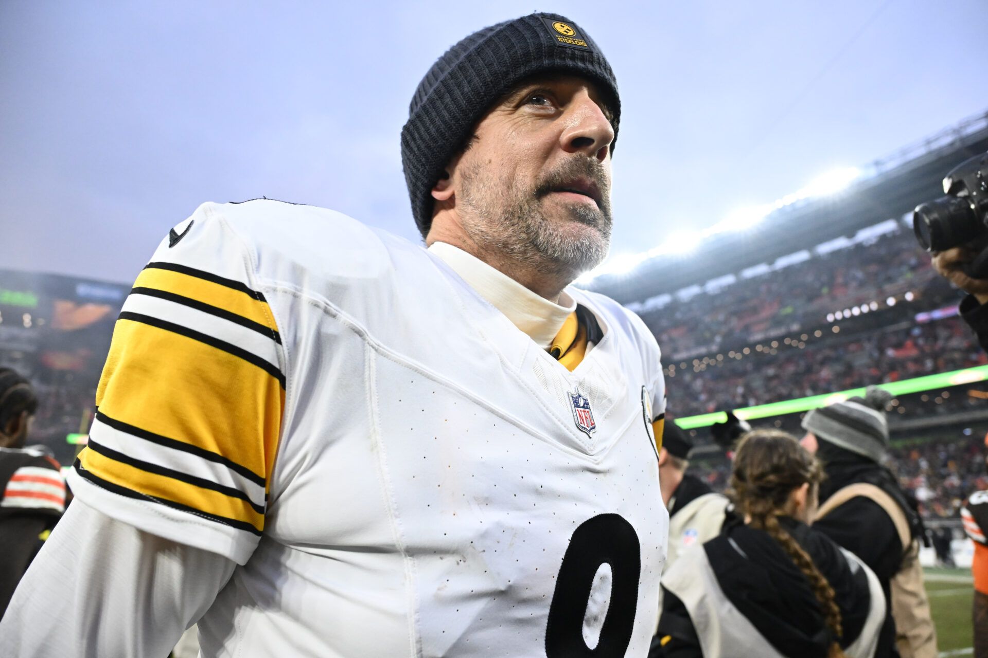 Pittsburgh Steelers quarterback Aaron Rodgers (8) looks on after the game against the Cleveland Browns at Huntington Bank Field.