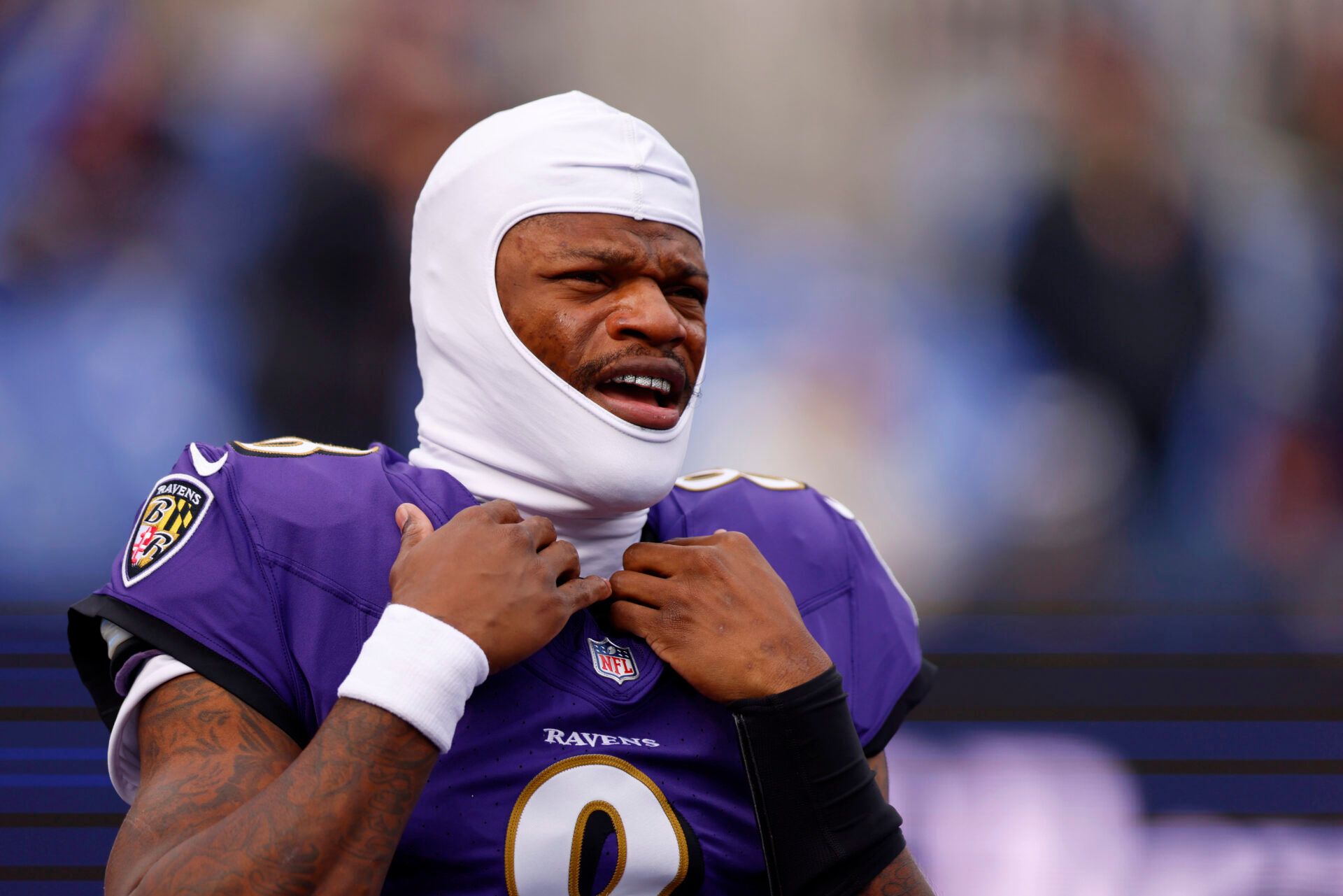 Baltimore Ravens quarterback Lamar Jackson (8) looks on during warmups before the game between the Pittsburgh Steelers and Baltimore Ravens at M&T Bank Stadium.