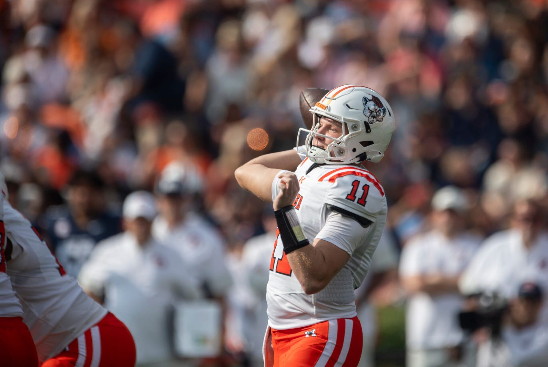Mercer Bears quarterback Braden Atkinson (11) throws the ball as Auburn Tigers take on Mercer Bears at Jordan-Hare Stadium in Auburn, Ala. on Saturday, Nov. 22, 2025.