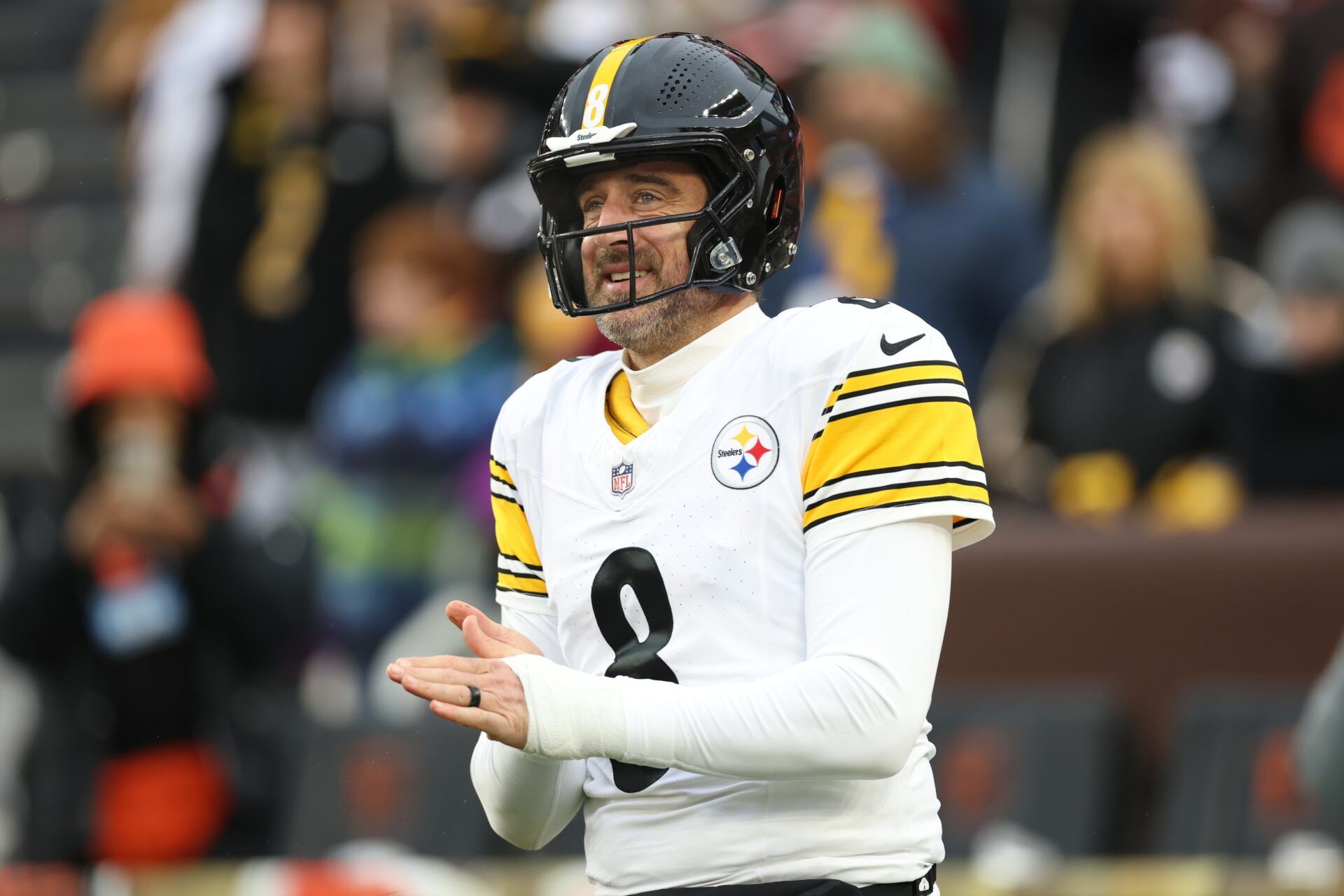 Pittsburgh Steelers quarterback Aaron Rodgers (8) reacts before the game against the Cleveland Browns at Huntington Bank Field.