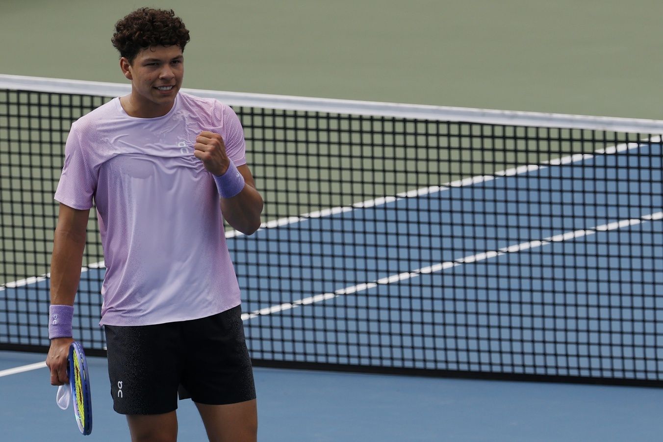 Ben Shelton (USA) celebrates after his match against Gabriel Diallo (CAN)(not pictured) in a men's singles match on day four of the Mubadala Citi DC Open at Rock Creek Park Tennis Center.