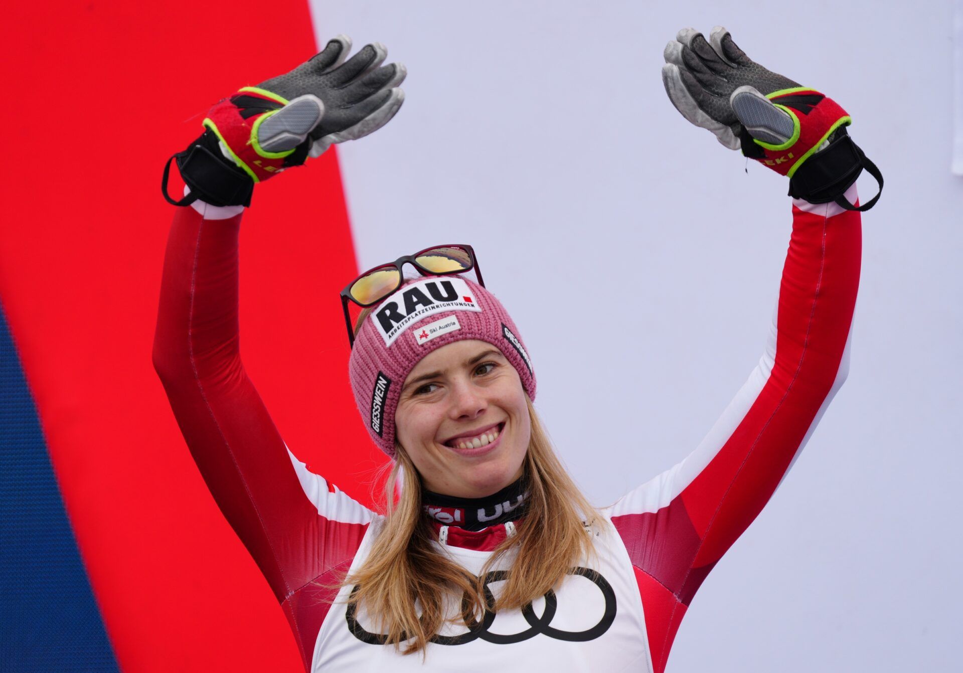 Slalom second place points finisher Katharina Liensberger of Austria on the podium after the 2025 FIS Ski World Cup at Sun Valley.