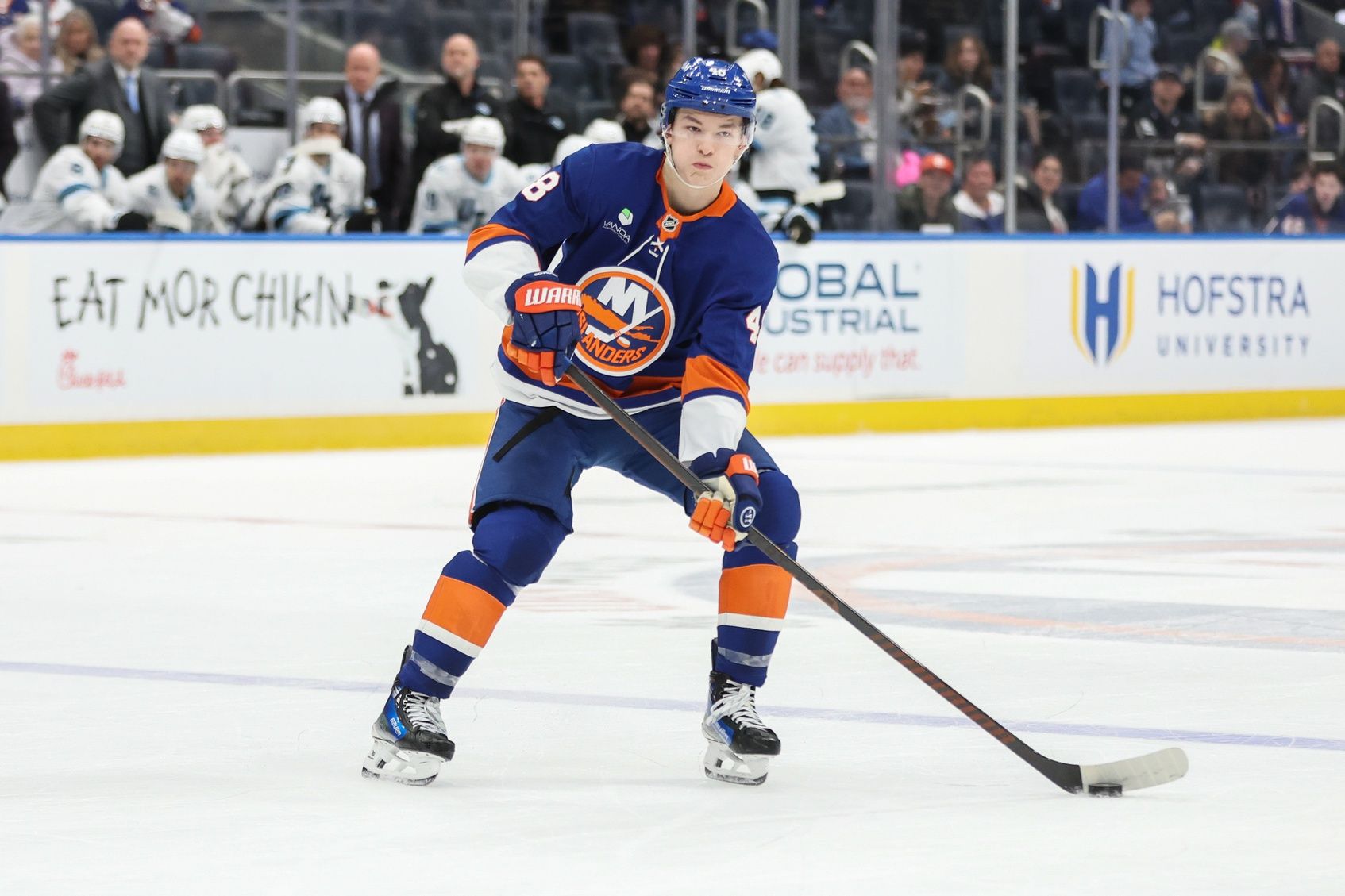 New York Islanders defenseman Matthew Schaefer (48) controls the puck in the second period against the Utah Mammoth at UBS Arena.