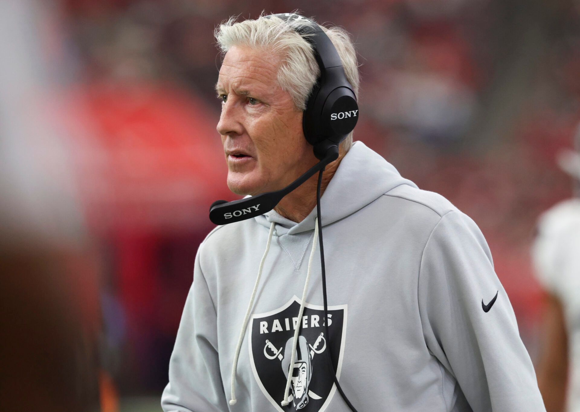 Las Vegas Raiders head coach Pete Carroll reacts after a play during the game against the Houston Texans at NRG Stadium.
