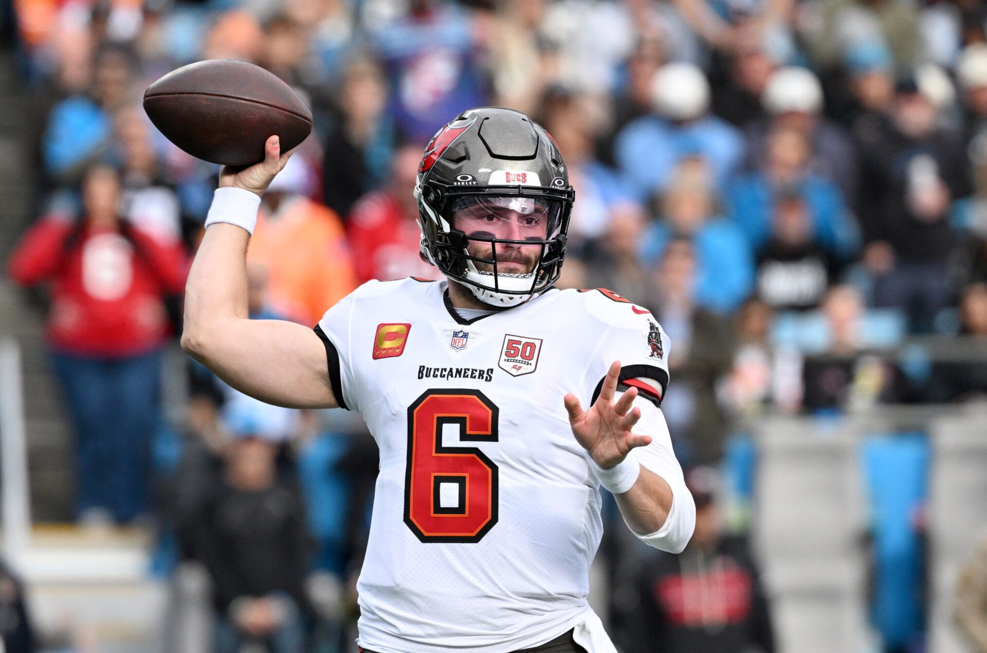 Tampa Bay Buccaneers quarterback Baker Mayfield (6) throws during the first half against the Carolina Panthers at Bank of America Stadium.
