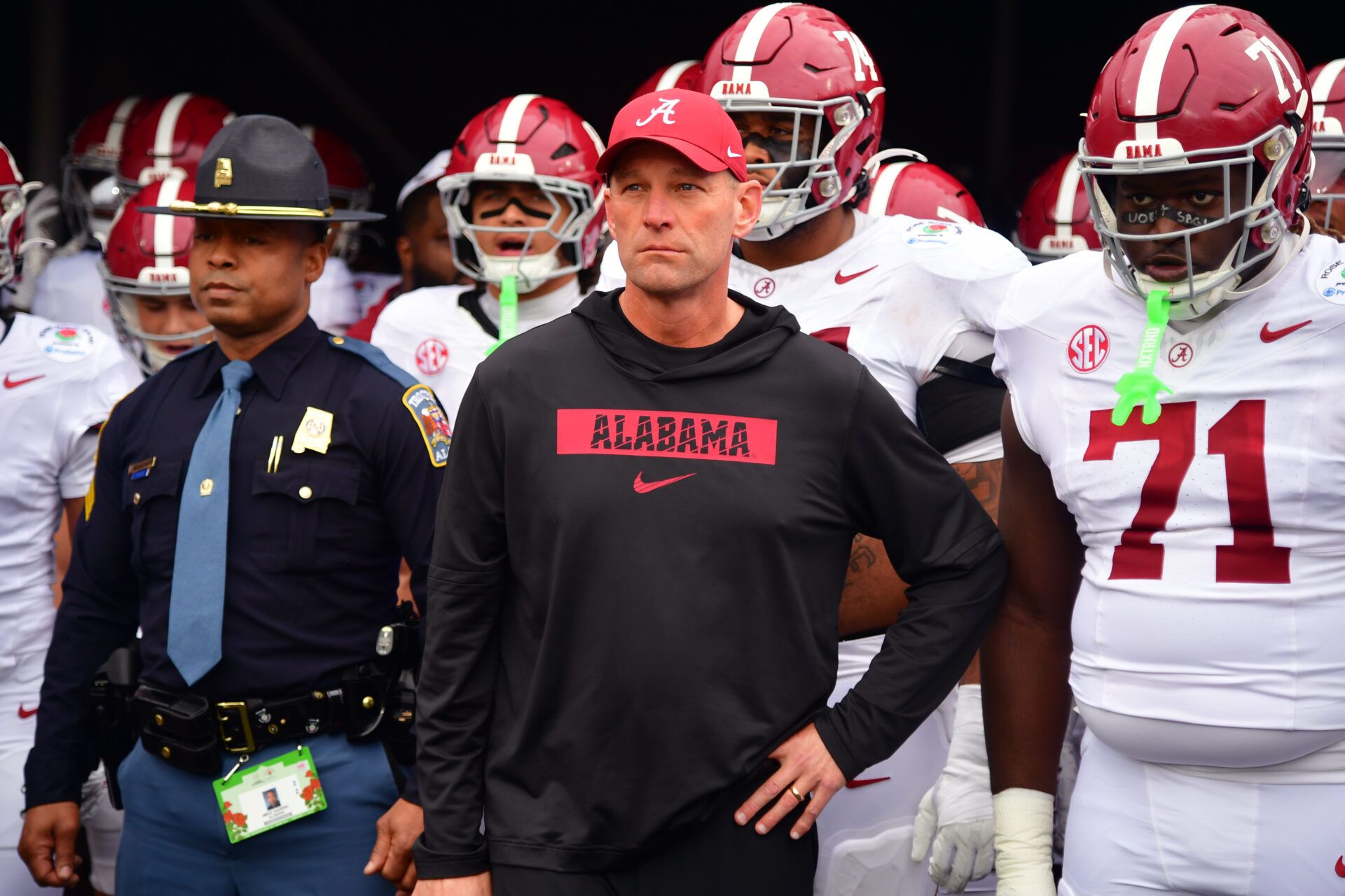 Alabama Crimson Tide head coach Kalen Deboer walks on field before the 2026 Rose Bowl and quarterfinal game of the College Football Playoff against the Indiana Hoosiers at Rose Bowl Stadium.