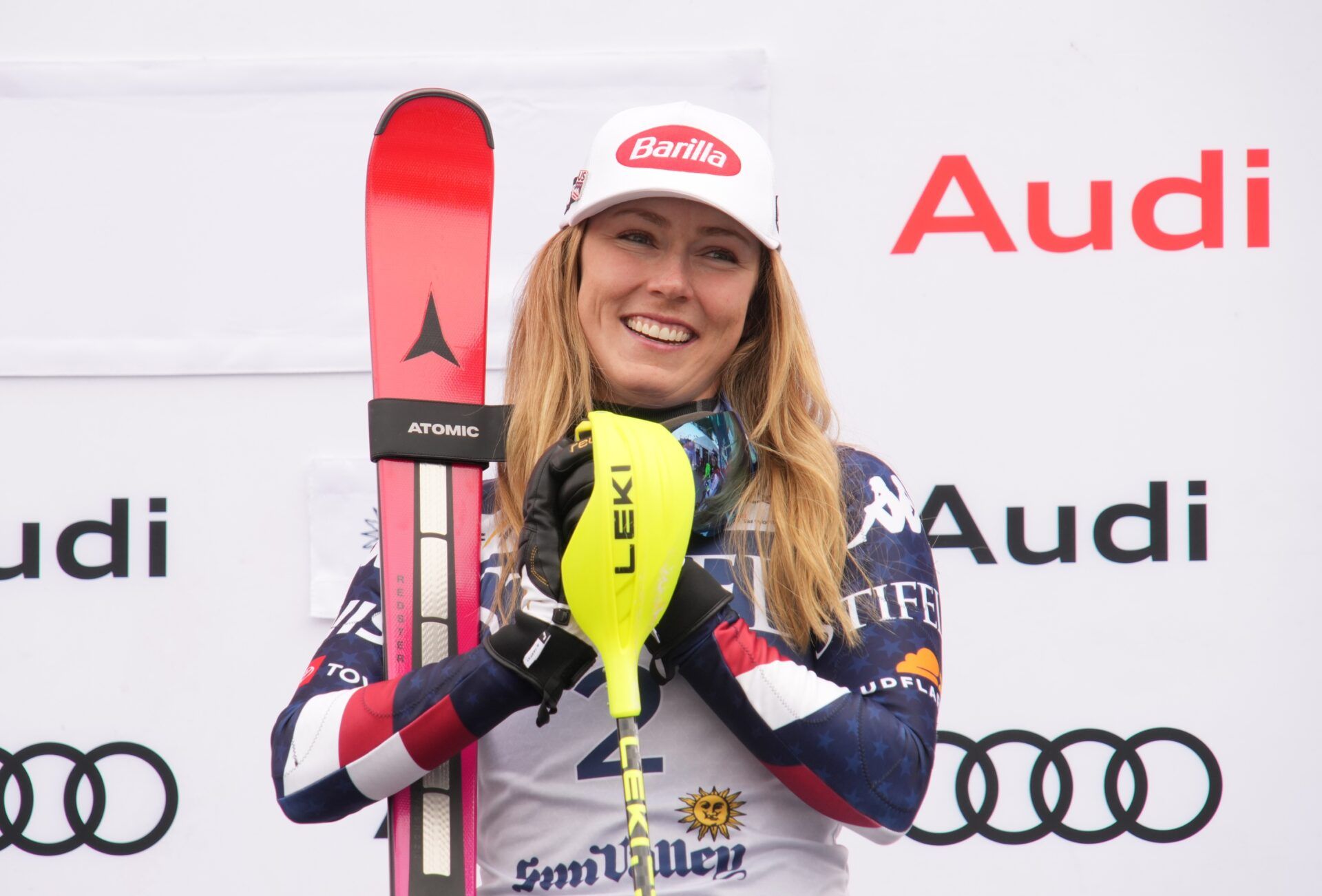 Race winner Mikaela Shiffrin of the United States celebrates on the podium after winning the slalom alpine skiing race in the 2025 FIS Ski World Cup at Sun Valley.