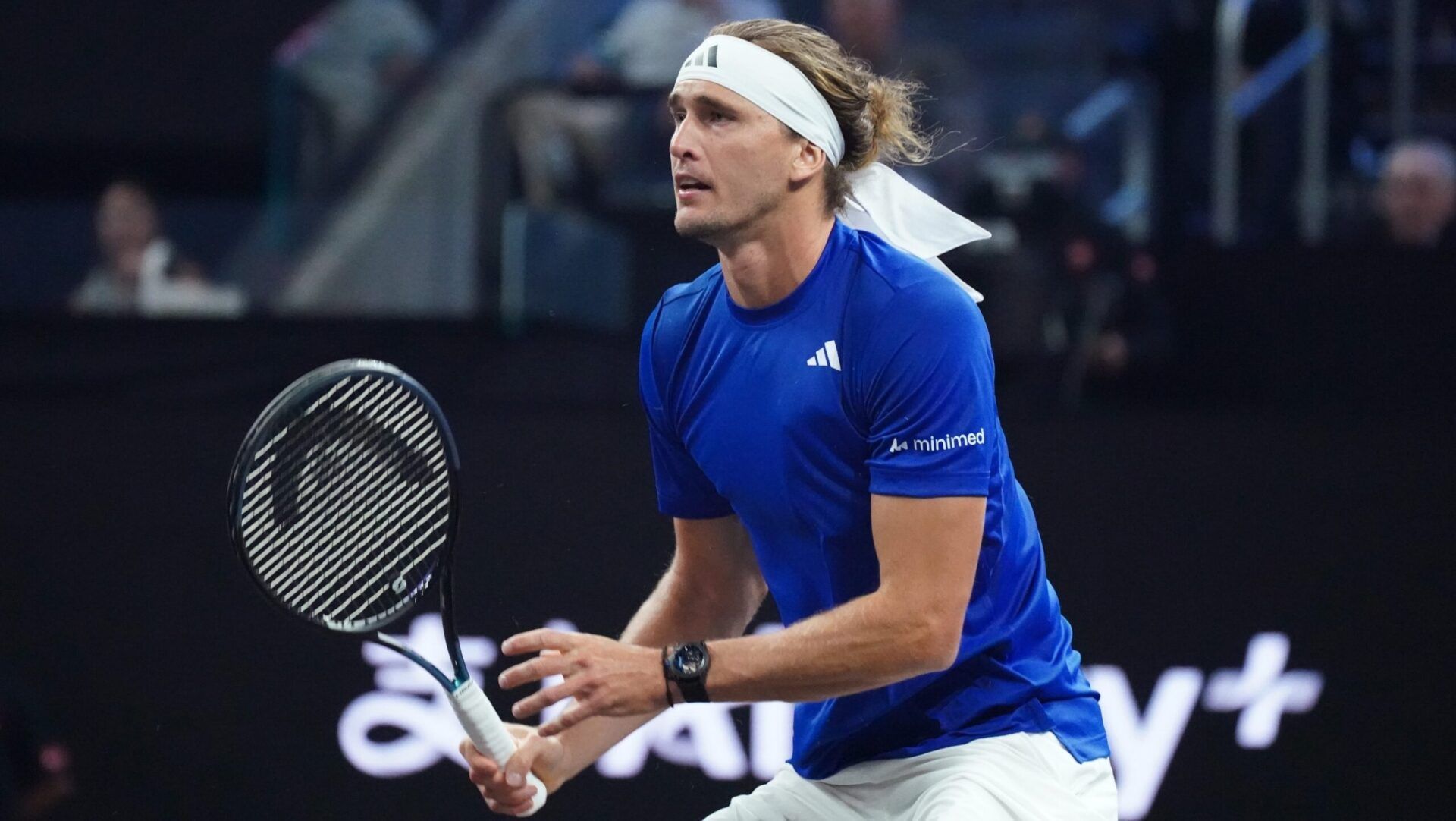 Team Europe player Alexander Zverev prepares for a return from Team World Player Alexander de Minaur during the Laver Cup at Chase Center.