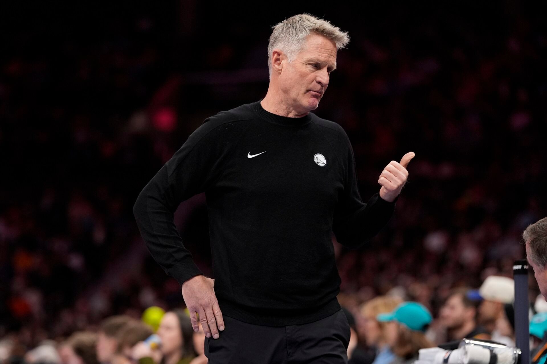 Golden State Warriors head coach Steve Kerr reacts to a call during the second quarter against the Charlotte Hornets at Spectrum Center.
