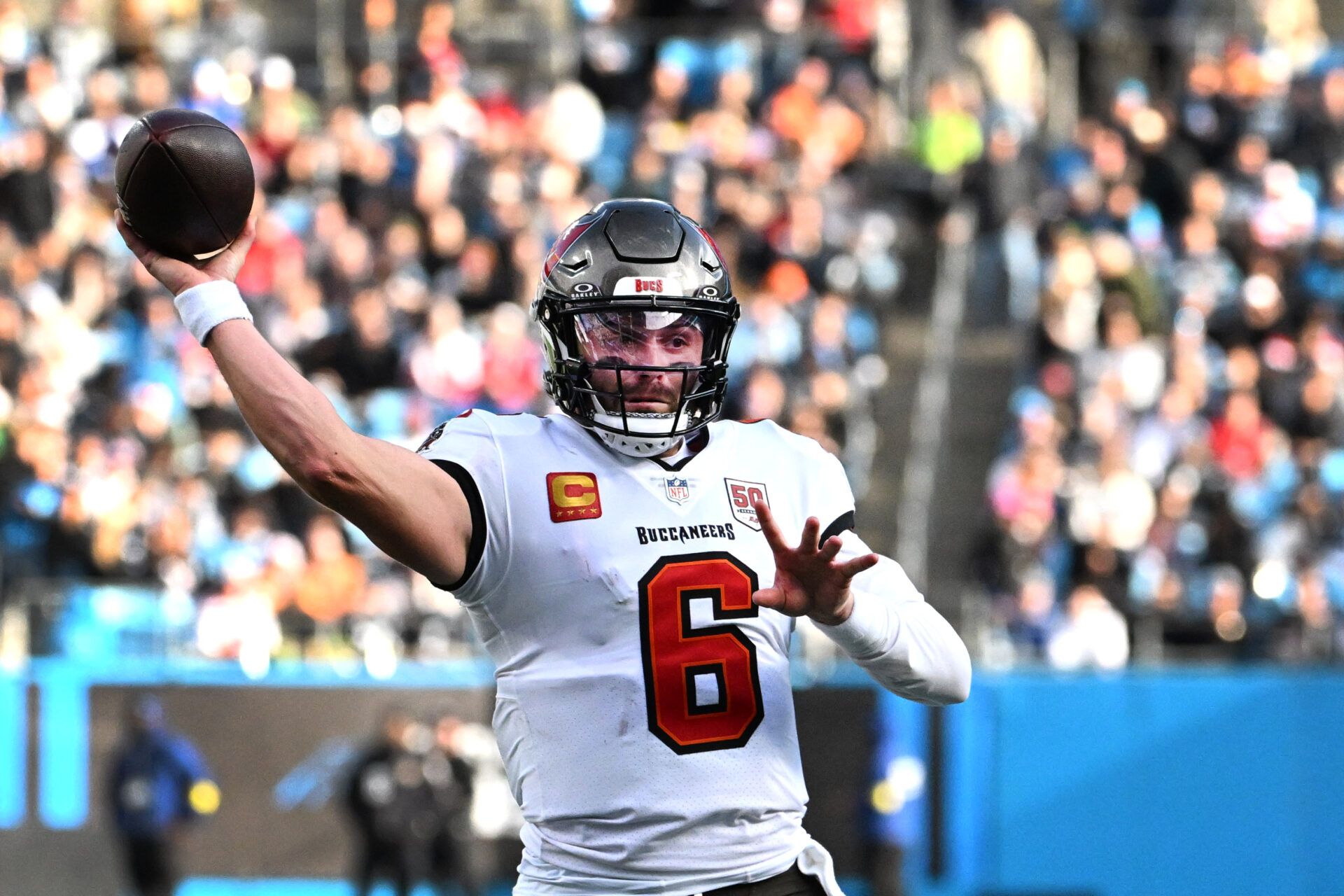 Tampa Bay Buccaneers quarterback Baker Mayfield (6) passes the ball in the third quarter at Bank of America Stadium.
