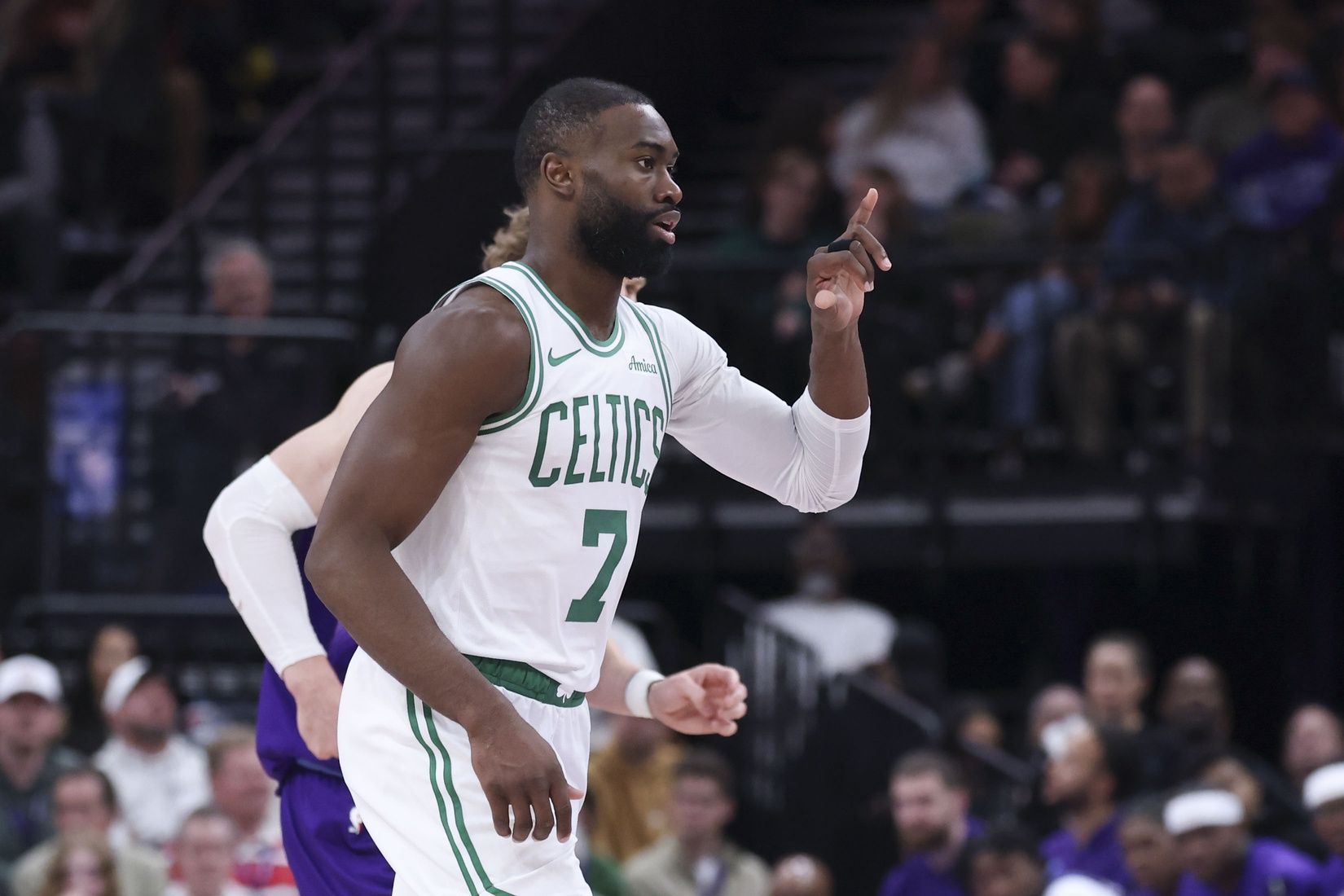 Boston Celtics guard Jaylen Brown (7) reacts after a play against the Utah Jazz during the second half at Delta Center.