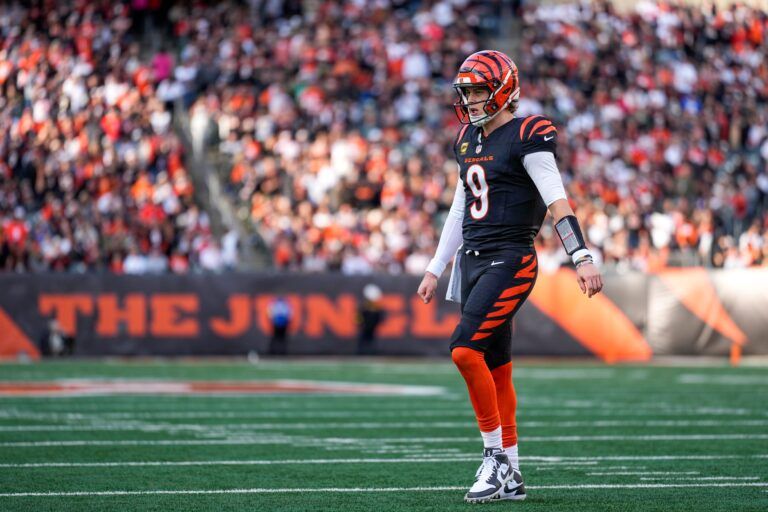 Cincinnati Bengals quarterback Joe Burrow (9) paces between plays in the third quarter of the NFL Week 17 game between the Cincinnati Bengals and the Arizona Cardinals at Paycor Stadium in Downtown Cincinnati on Sunday, Dec. 28, 2025. The Bengals won 37-14.
